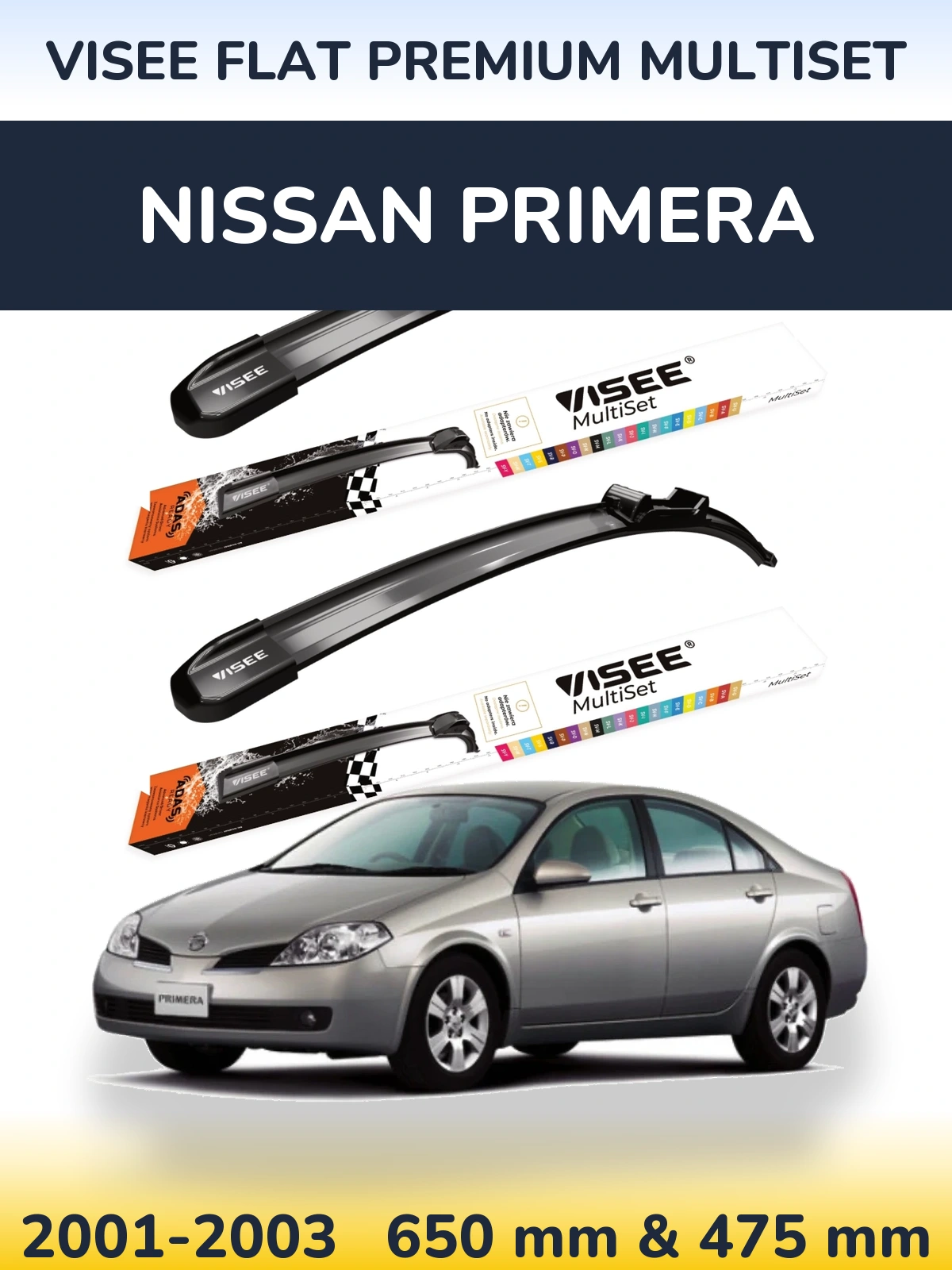 Sada předních stěračů VISEE FLAT PREMIUM MultiSet 650 a 475 mm pro Nissan Primera 2001-2003