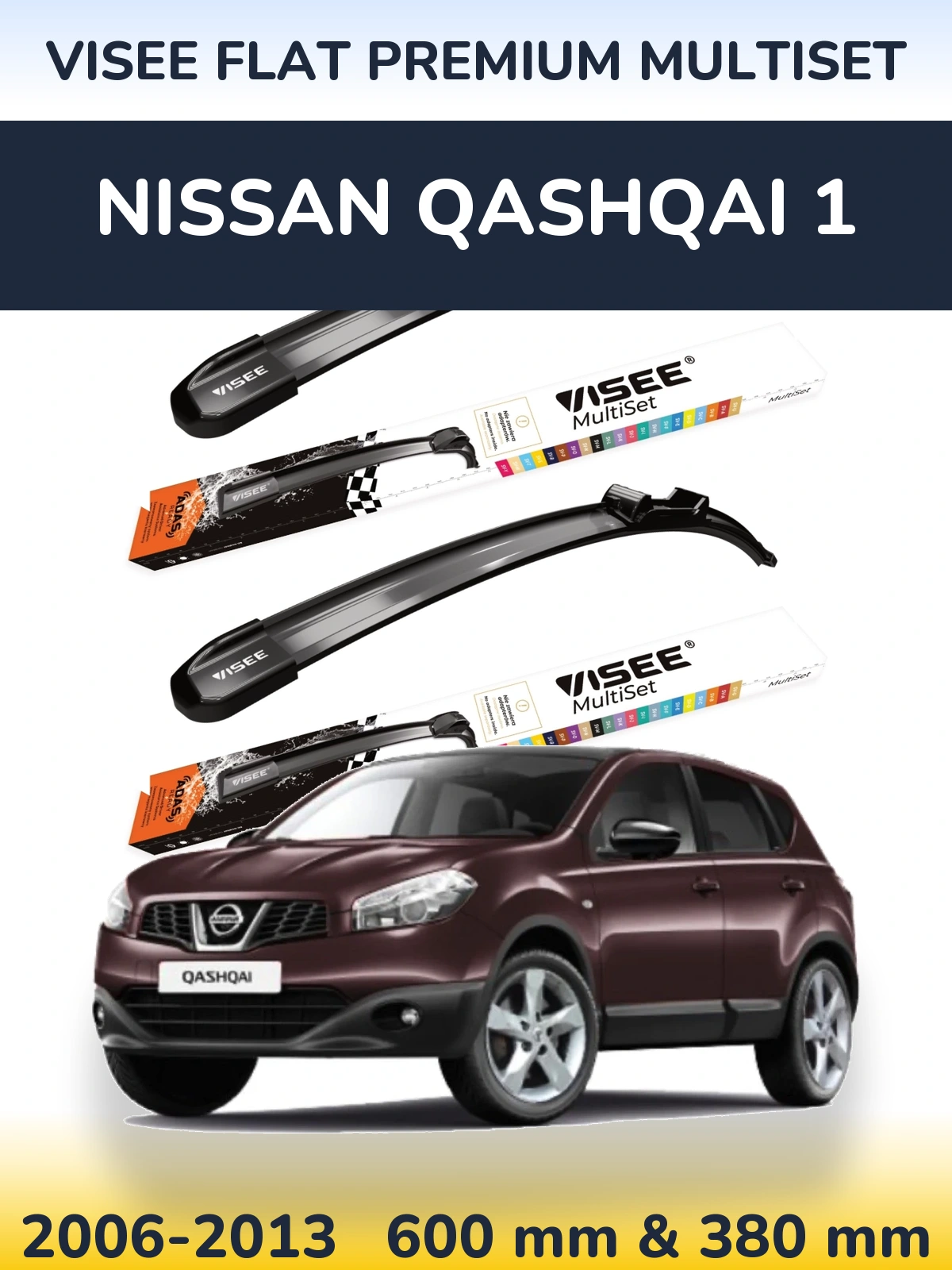 Sada předních stěračů VISEE FLAT PREMIUM MultiSet 600 a 380 mm pro Nissan Qashqai 1 2006-2013