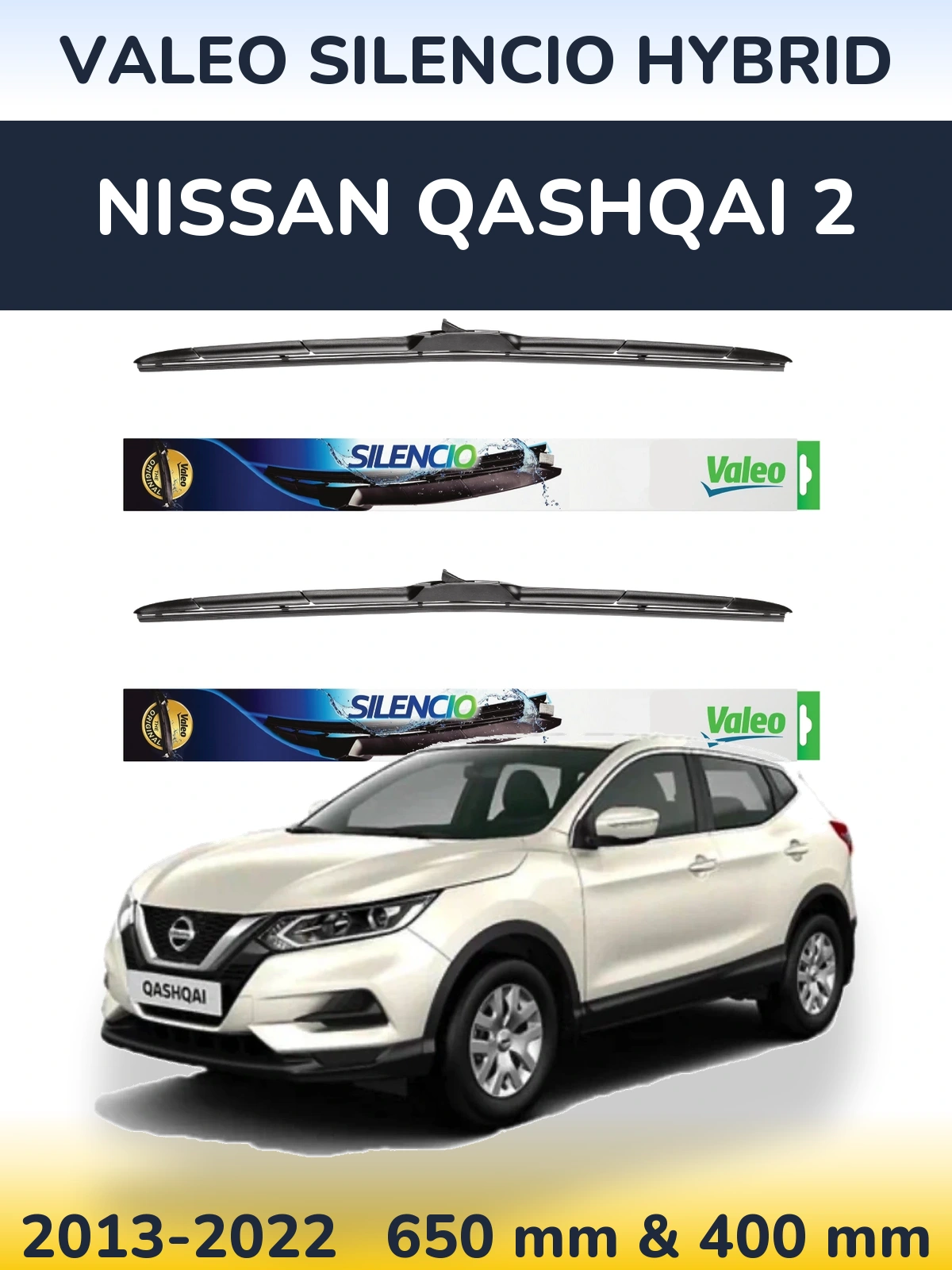 Sada předních stěračů Valeo Silencio Hybrid 650 a 400 mm pro Nissan Qashqai 2 2013-2022
