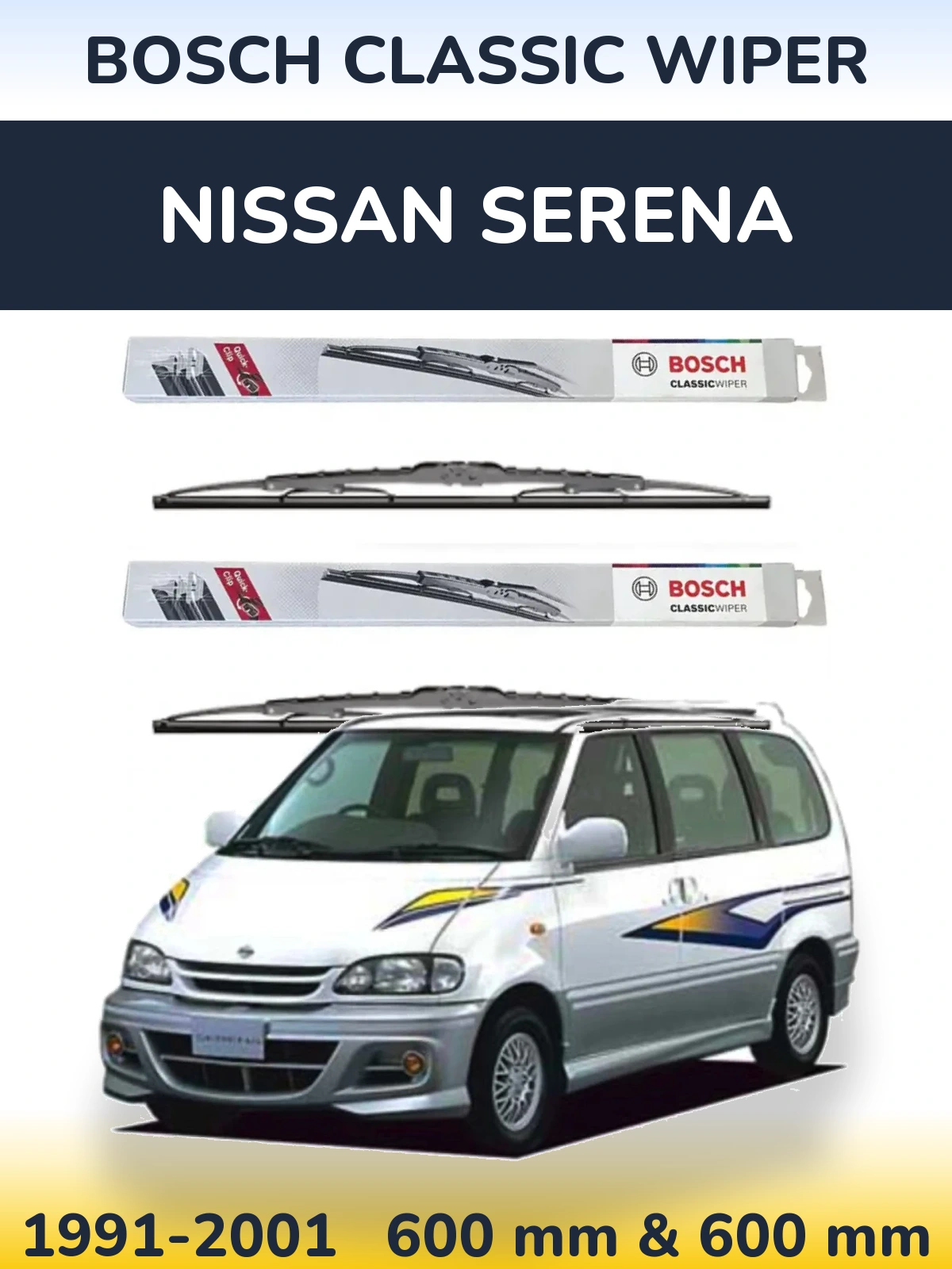Комплект передніх щіток BOSCH Classic Wiper 600 & 600 мм для Nissan Serena 1991-2001