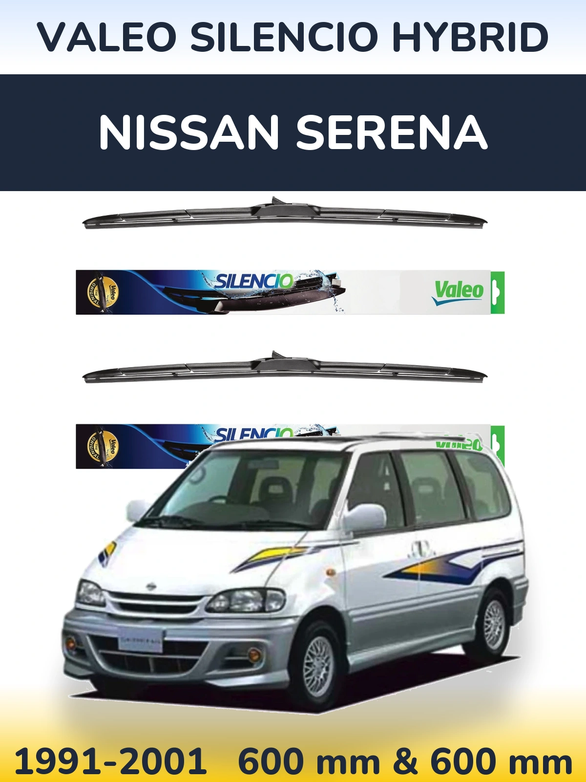 Sada předních stěračů Valeo Silencio Hybrid 600 a 600 mm pro Nissan Serena 1991-2001