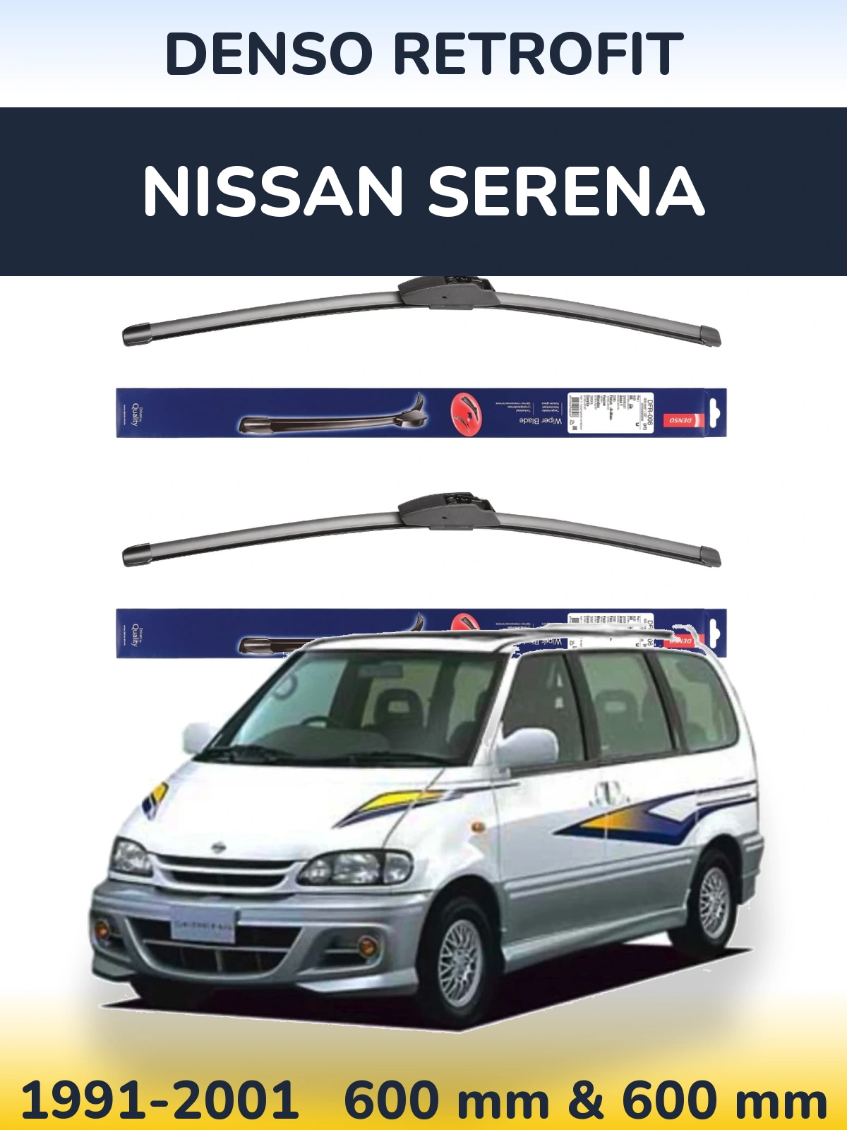Sada předních stěračů Denso Retrofit 600 a 600 mm pro Nissan Serena 1991-2001
