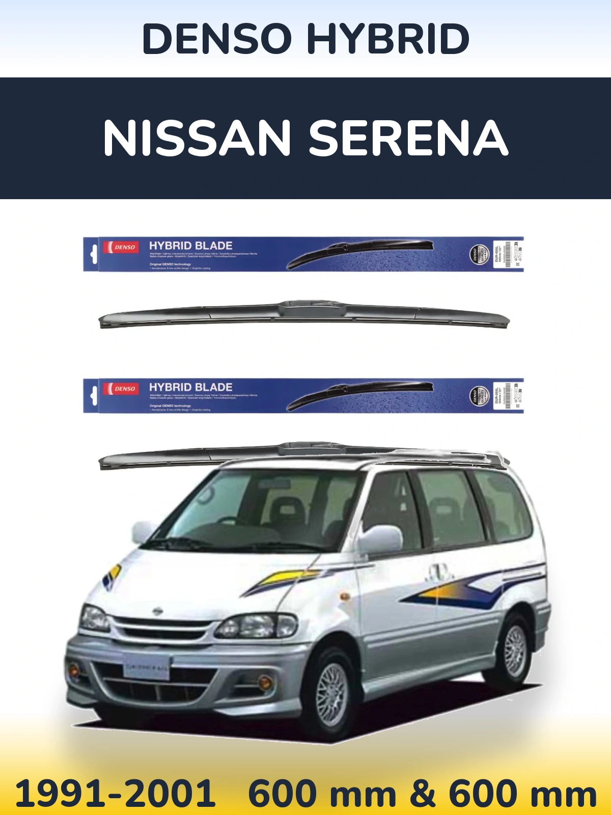 Sada předních stěračů Denso Hybrid 600 a 600 mm pro Nissan Serena 1991-2001