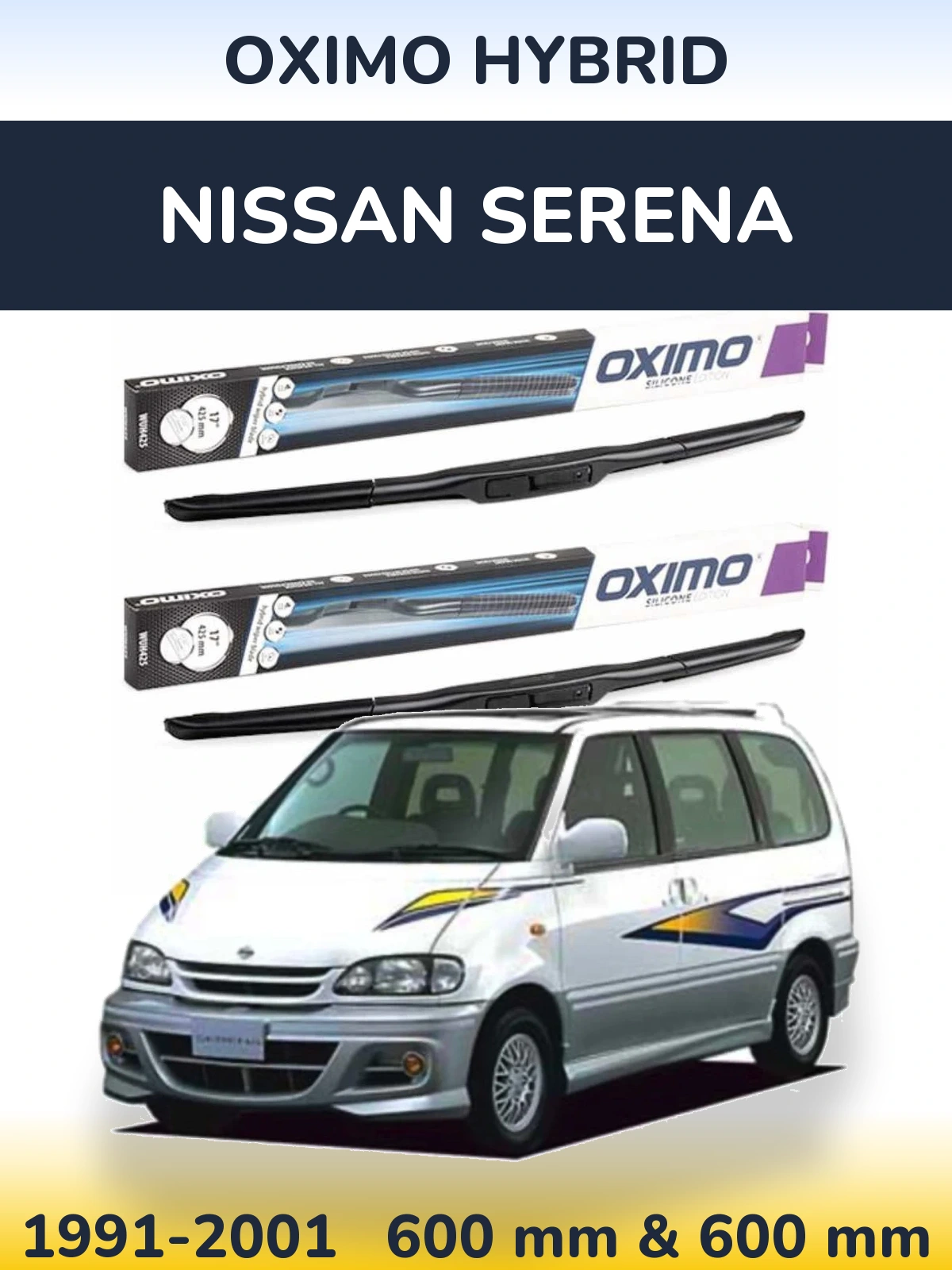 Sada předních stěračů Oximo Hybrid 600 a 600 mm pro Nissan Serena 1991-2001