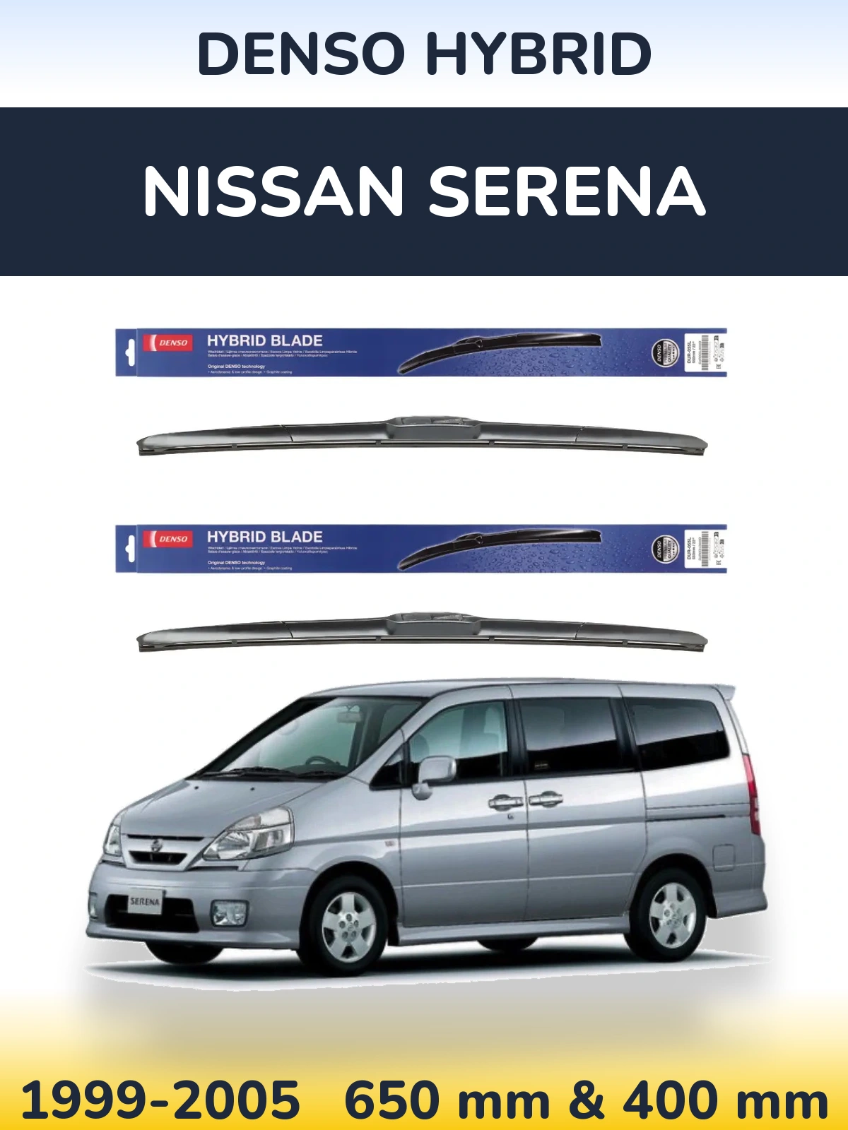 Sada předních stěračů Denso Hybrid 650 a 400 mm pro Nissan Serena 1999-2005