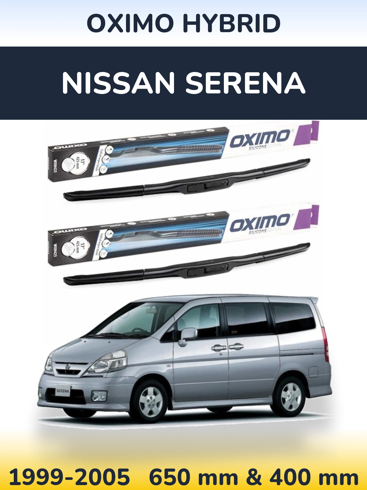 Sada předních stěračů Oximo Hybrid 650 a 400 mm pro Nissan Serena 1999-2005