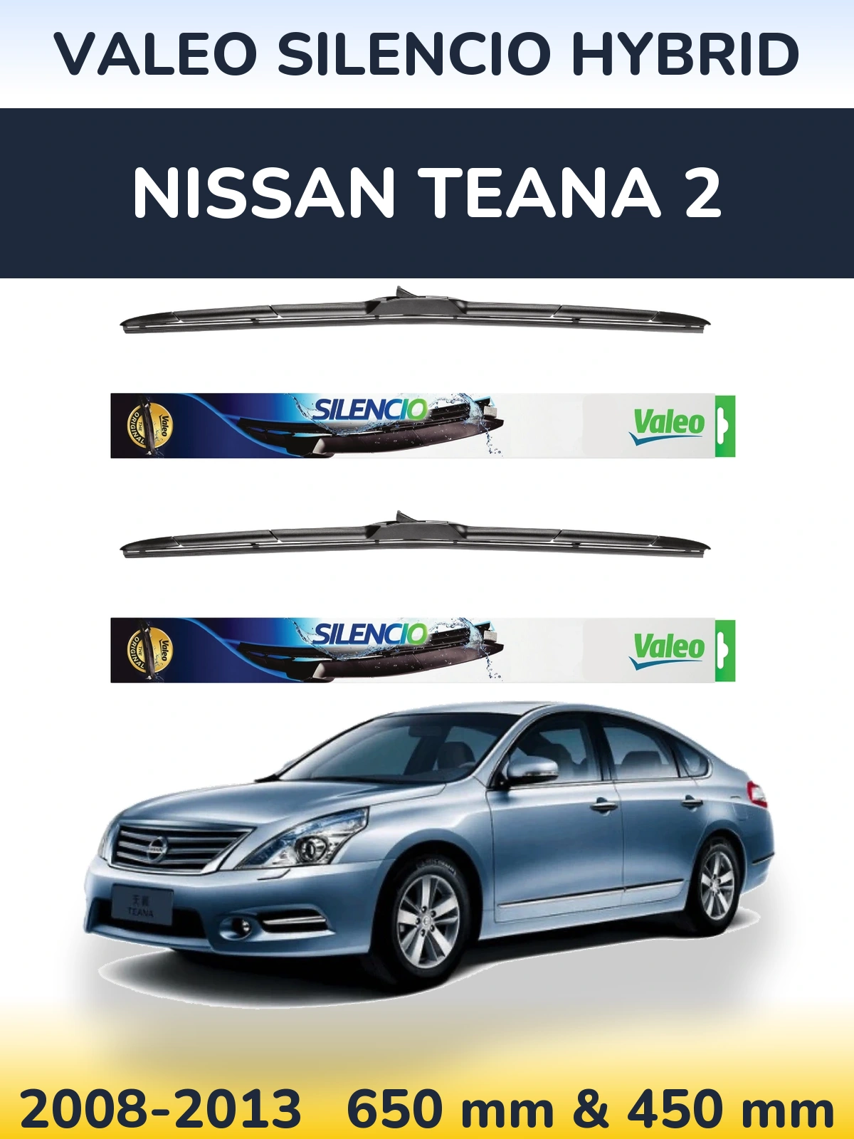 Sada předních stěračů Valeo Silencio Hybrid 650 a 450 mm pro Nissan Teana 2 2008-2013