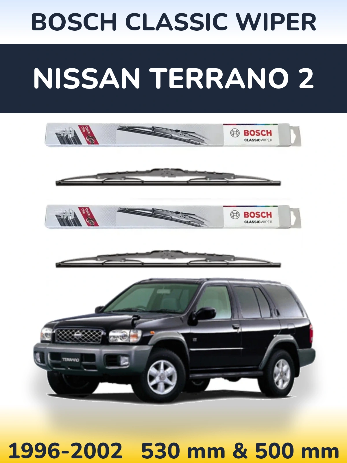 Sada předních stěračů BOSCH Classic Wiper 530 a 500 mm pro Nissan Terrano 2 1996-2002