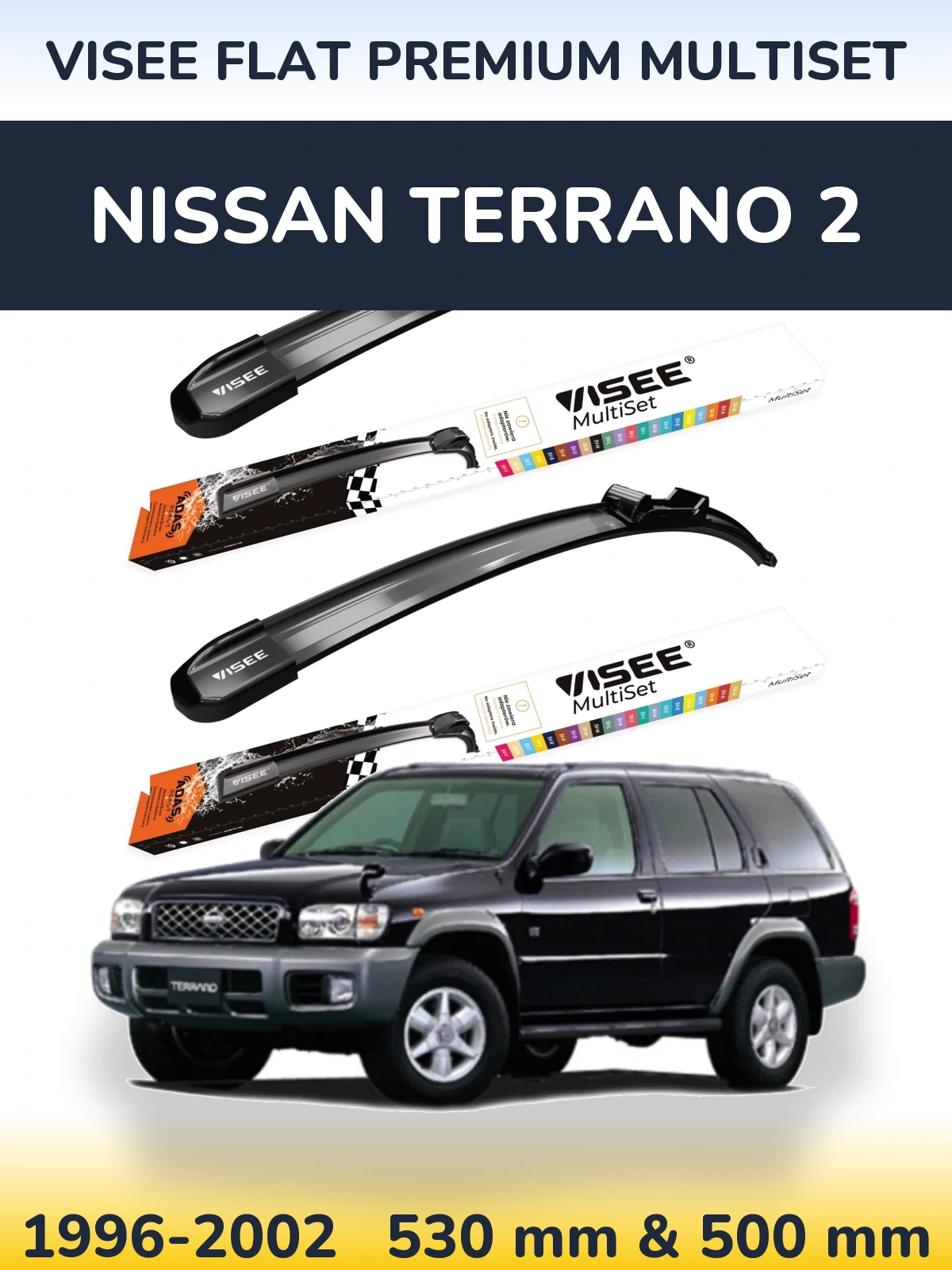Sada předních stěračů VISEE FLAT PREMIUM MultiSet 530 a 500 mm pro Nissan Terrano 2 1996-2002