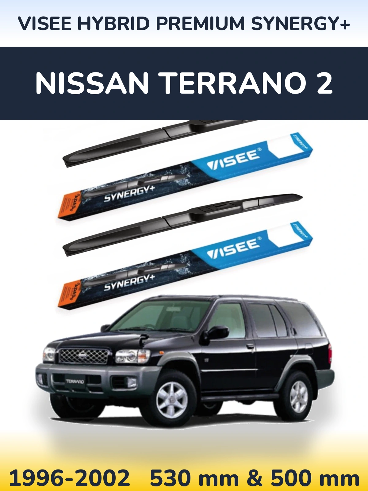 Sada předních stěračů VISEE HYBRID PREMIUM SYNERGY+ 530 a 500 mm pro Nissan Terrano 2 1996-2002