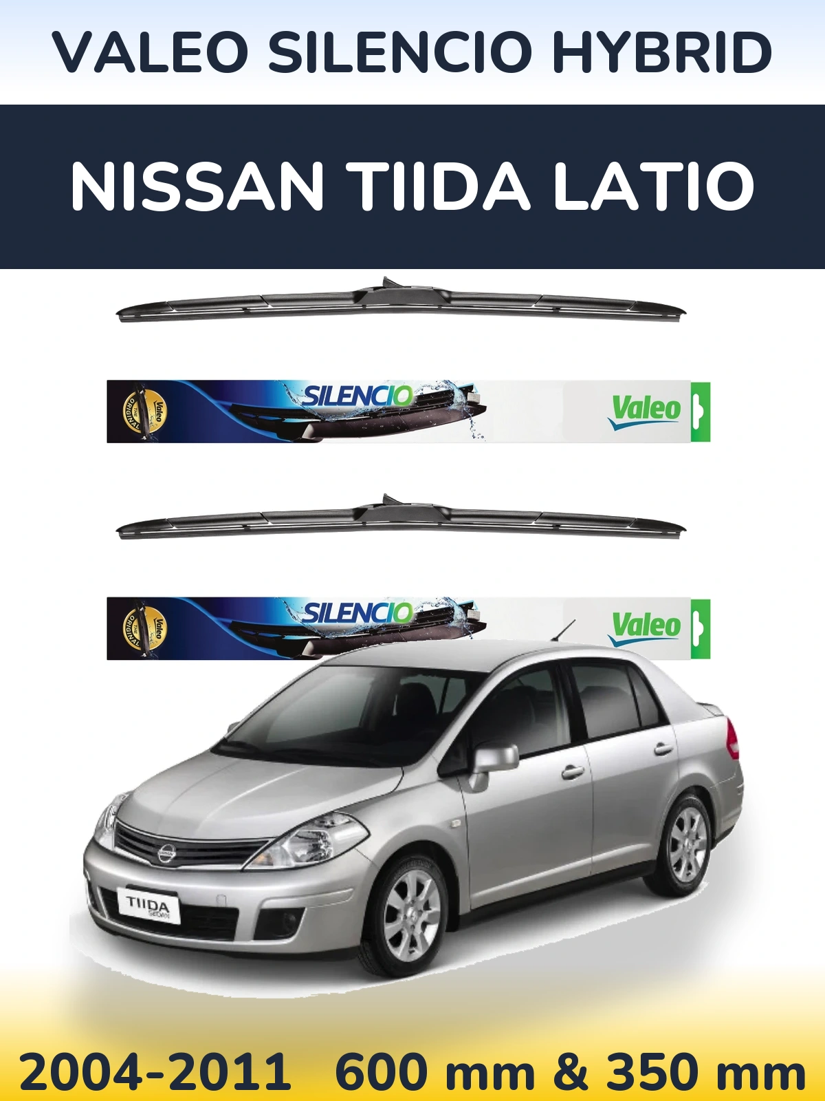 Sada předních stěračů Valeo Silencio Hybrid 600 a 350 mm pro Nissan Tiida Latio 2004-2011