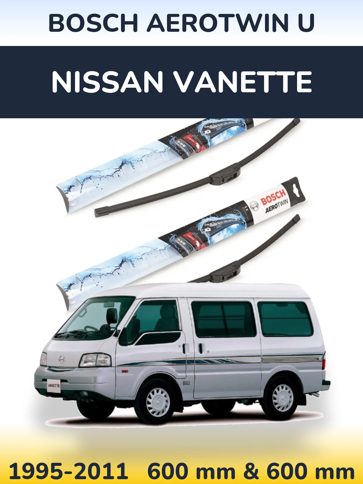Sada předních stěračů BOSCH AeroTwin U 600 a 600 mm pro Nissan Vanette 1995-2011