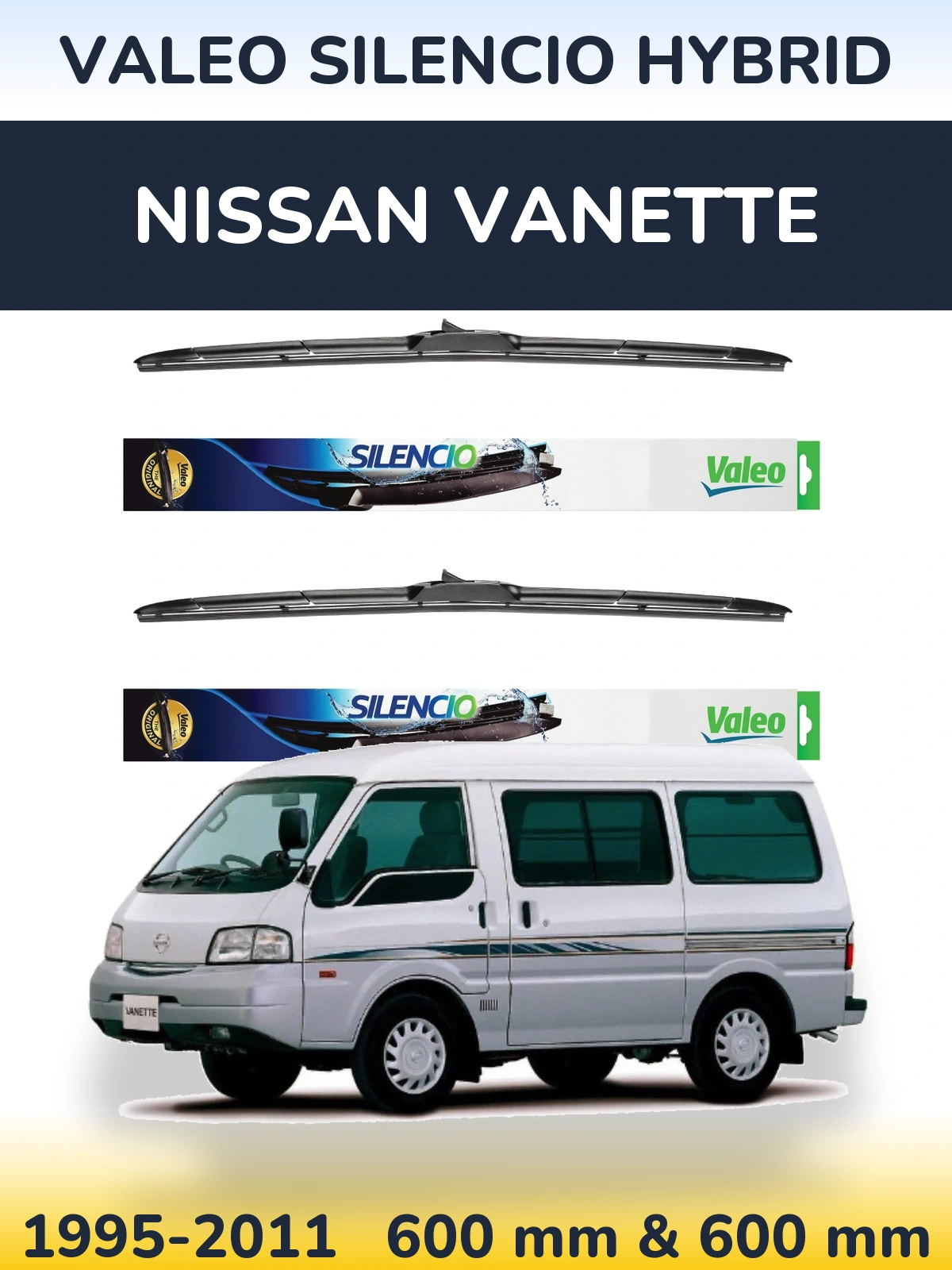 Sada předních stěračů Valeo Silencio Hybrid 600 a 600 mm pro Nissan Vanette 1995-2011