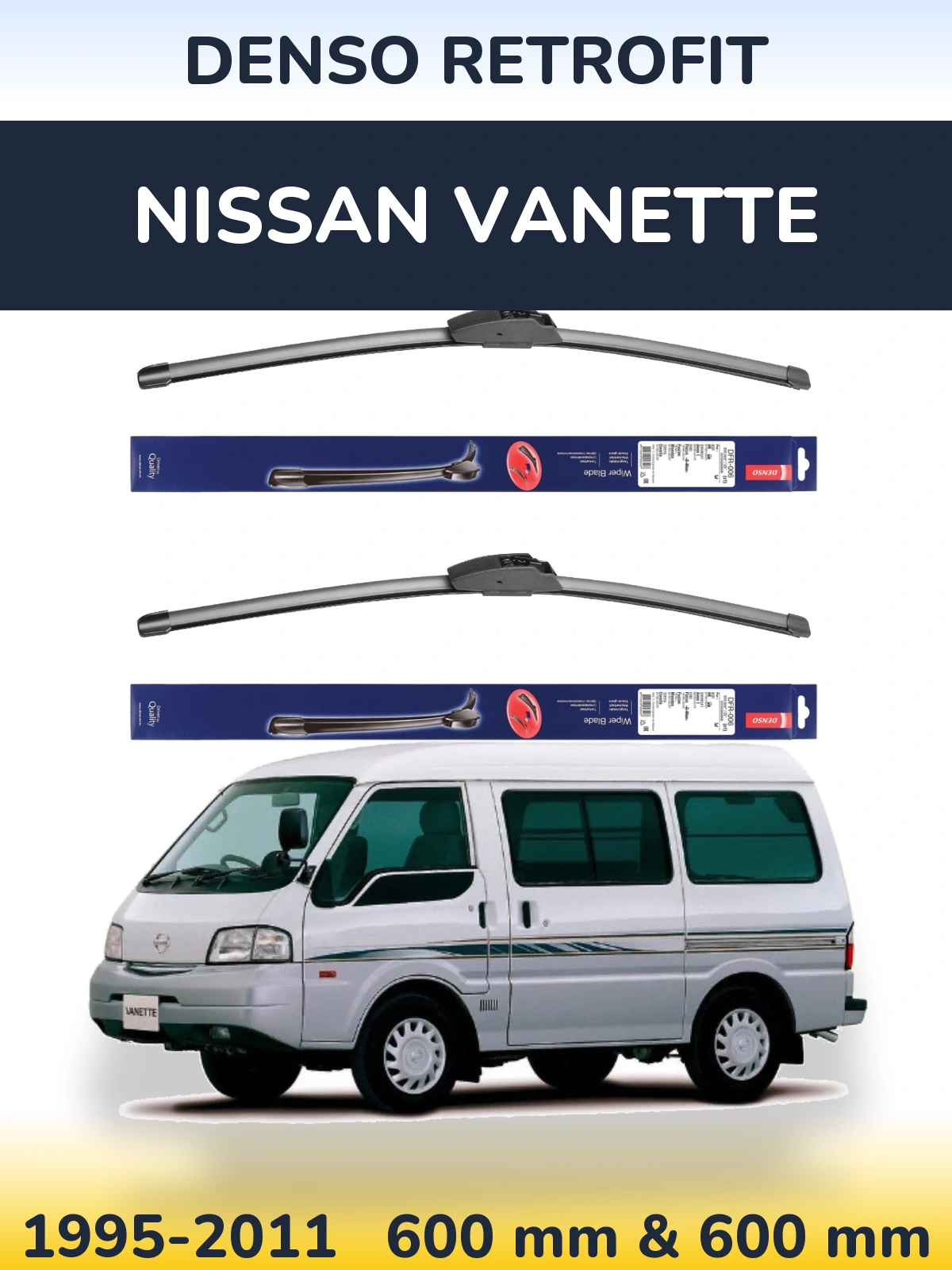 Sada předních stěračů Denso Retrofit 600 a 600 mm pro Nissan Vanette 1995-2011