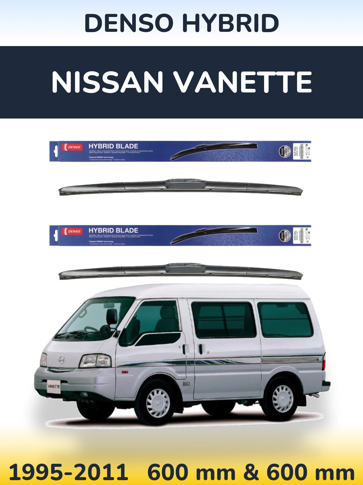 Sada předních stěračů Denso Hybrid 600 a 600 mm pro Nissan Vanette 1995-2011