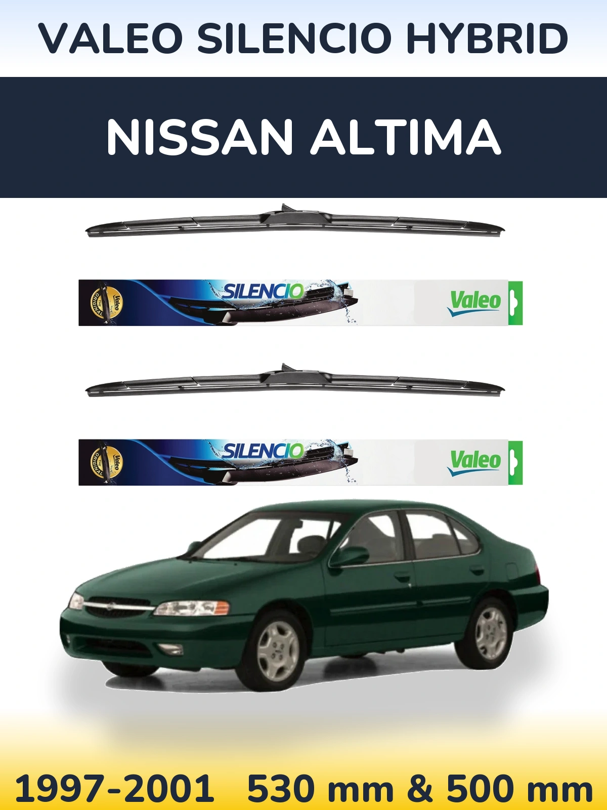 Sada předních stěračů Valeo Silencio Hybrid 530 a 500 mm pro Nissan Altima 1997-2001