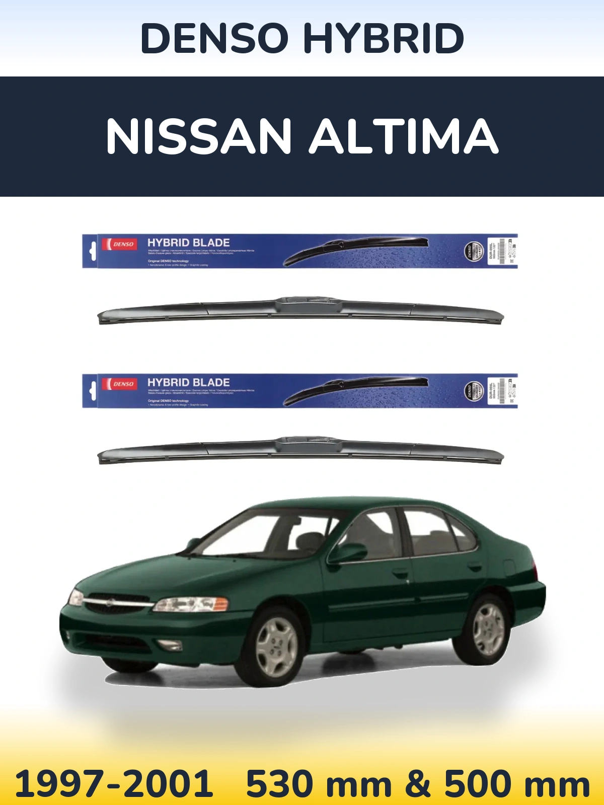 Sada předních stěračů Denso Hybrid 530 a 500 mm pro Nissan Altima 1997-2001
