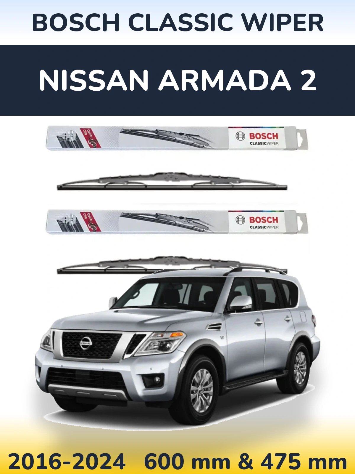 Sada předních stěračů BOSCH Classic Wiper 600 a 475 mm pro Nissan Armada 2 2016-2024
