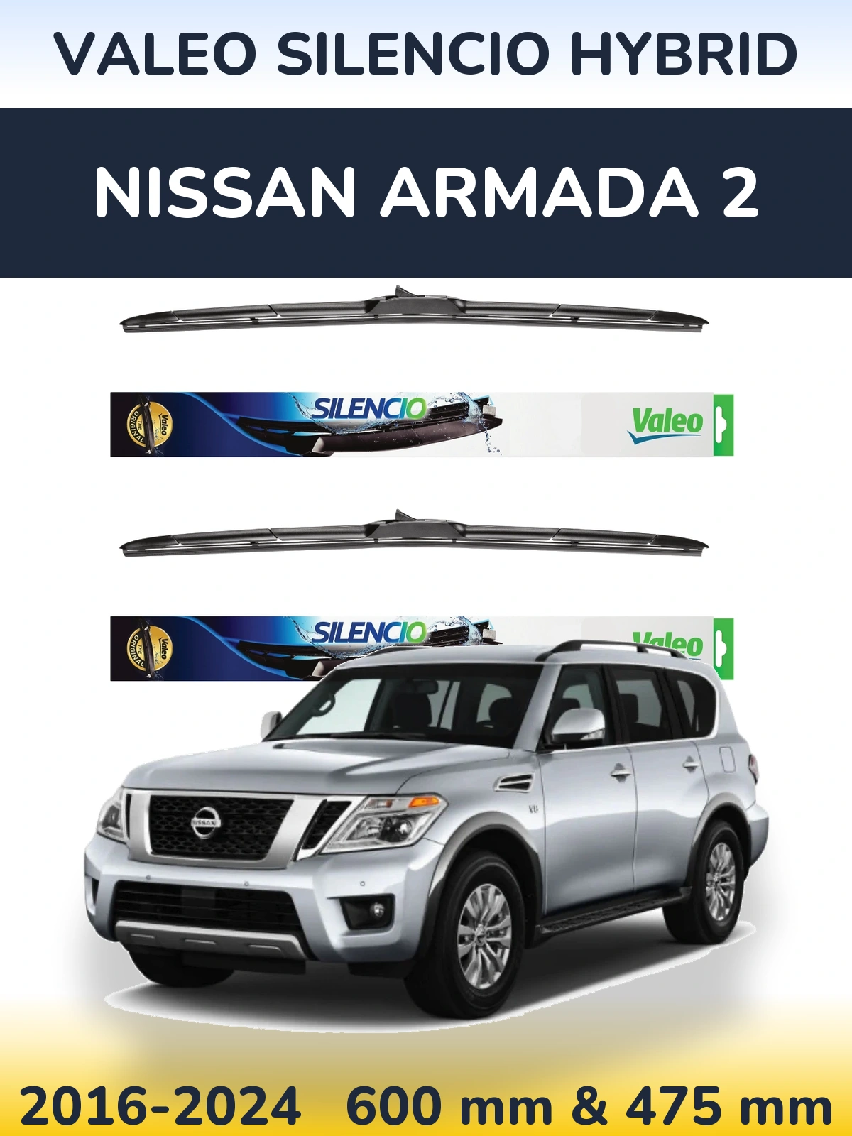 Sada předních stěračů Valeo Silencio Hybrid 600 a 475 mm pro Nissan Armada 2 2016-2024