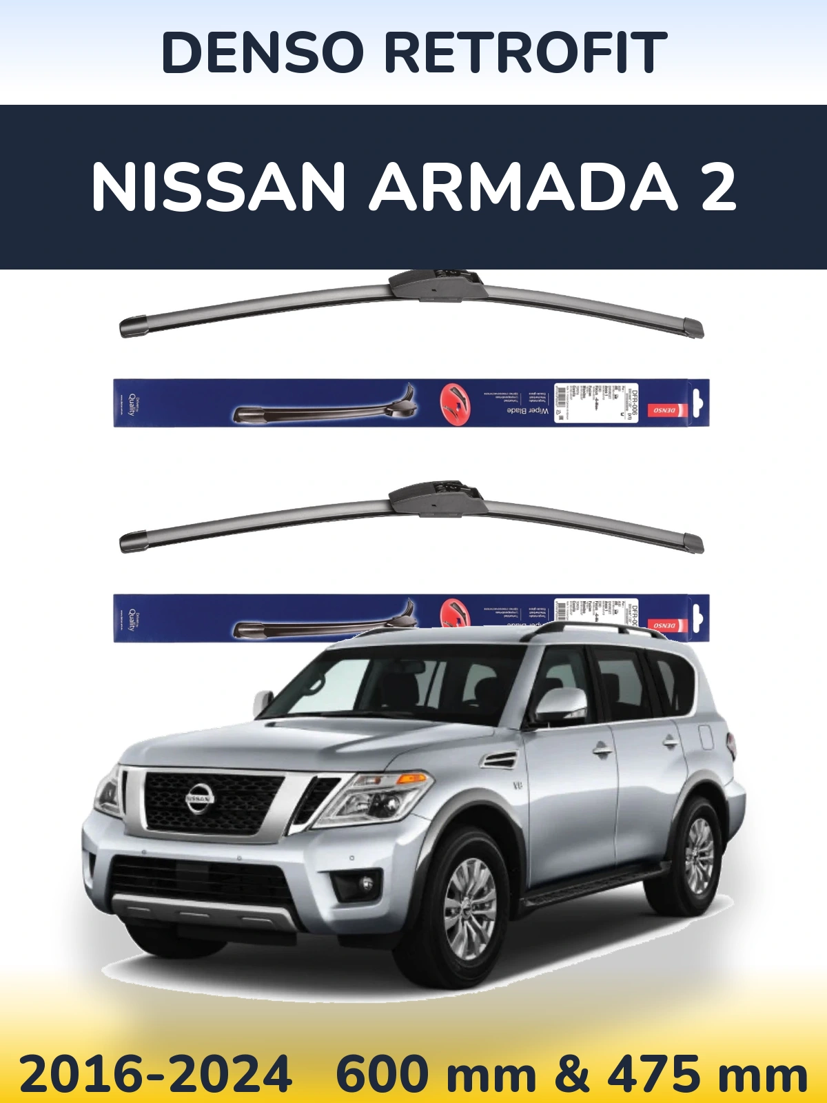 Sada předních stěračů Denso Retrofit 600 a 475 mm pro Nissan Armada 2 2016-2024