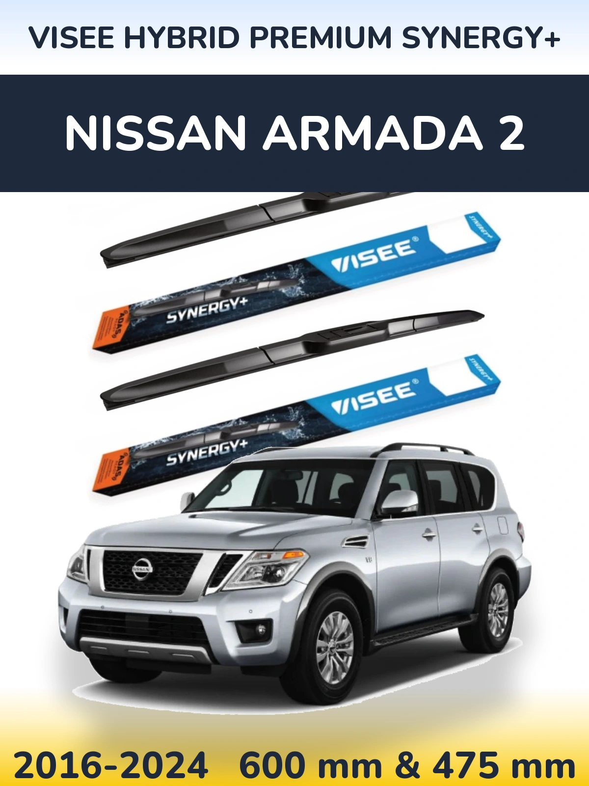 Sada předních stěračů VISEE HYBRID PREMIUM SYNERGY+ 600 a 475 mm pro Nissan Armada 2 2016-2024