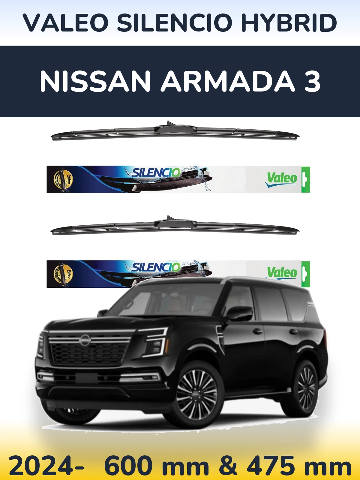 Sada předních stěračů Valeo Silencio Hybrid 600 a 475 mm pro Nissan Armada 3 2024-2026