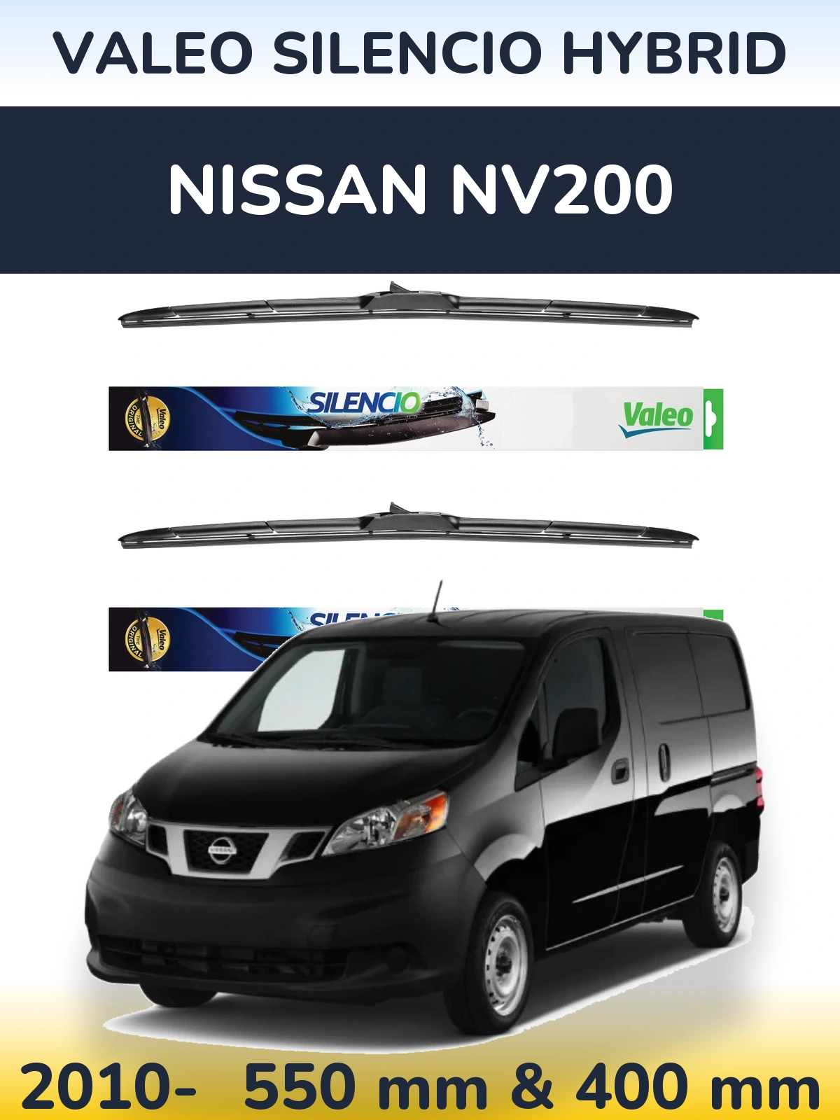 Sada předních stěračů Valeo Silencio Hybrid 550 a 400 mm pro Nissan NV200 2010-2026