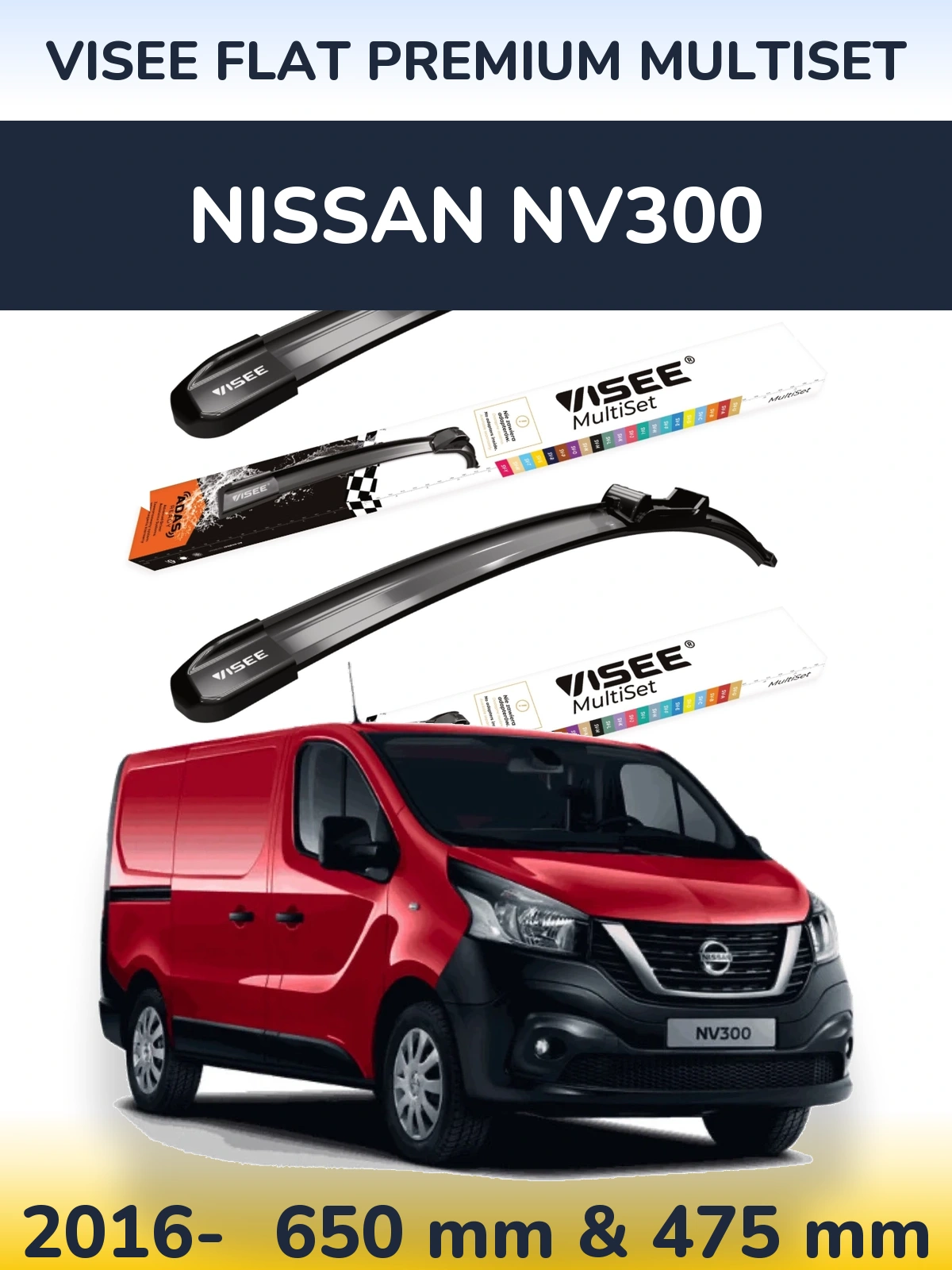 Sada předních stěračů VISEE FLAT PREMIUM MultiSet 650 a 475 mm pro Nissan NV300 2016-2026