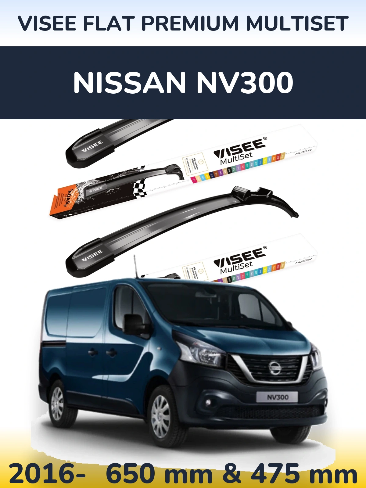 Sada předních stěračů VISEE FLAT PREMIUM MultiSet 650 a 475 mm pro Nissan NV300 2016-2026
