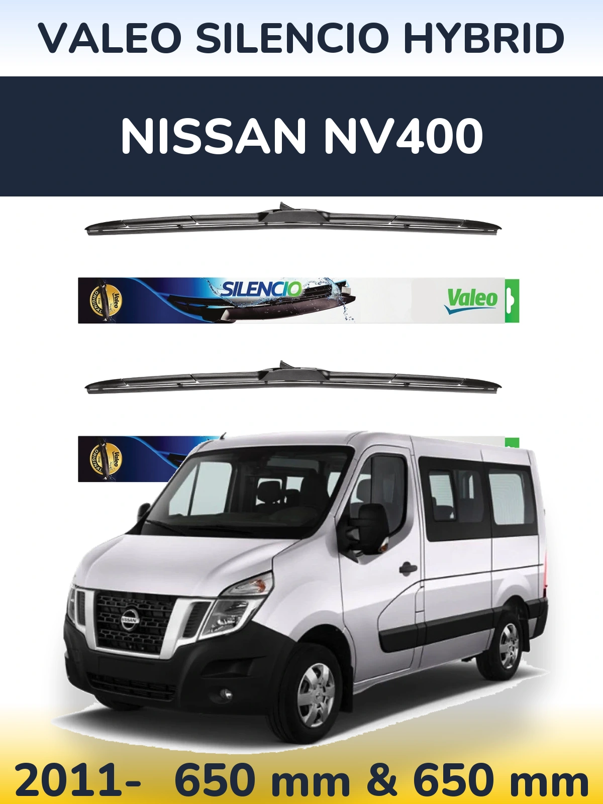 Sada předních stěračů Valeo Silencio Hybrid 650 a 650 mm pro Nissan NV400 2011-2026