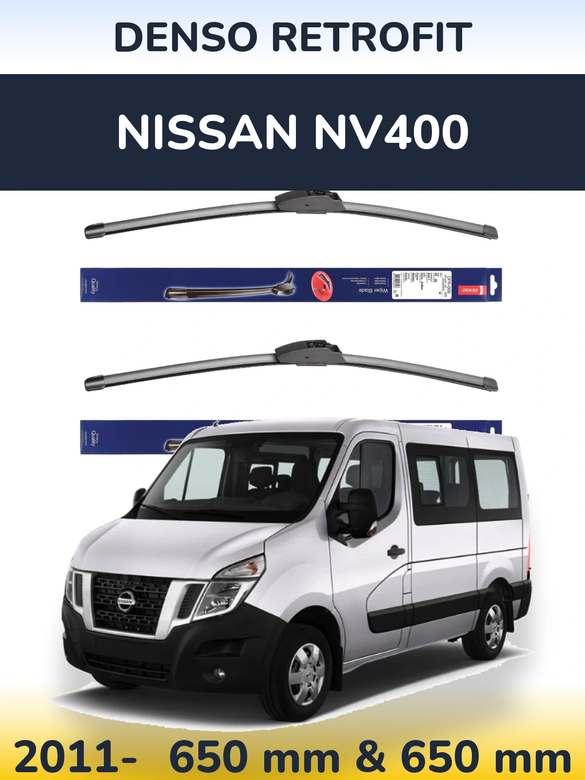 Sada předních stěračů Denso Retrofit 650 a 650 mm pro Nissan NV400 2011-2026