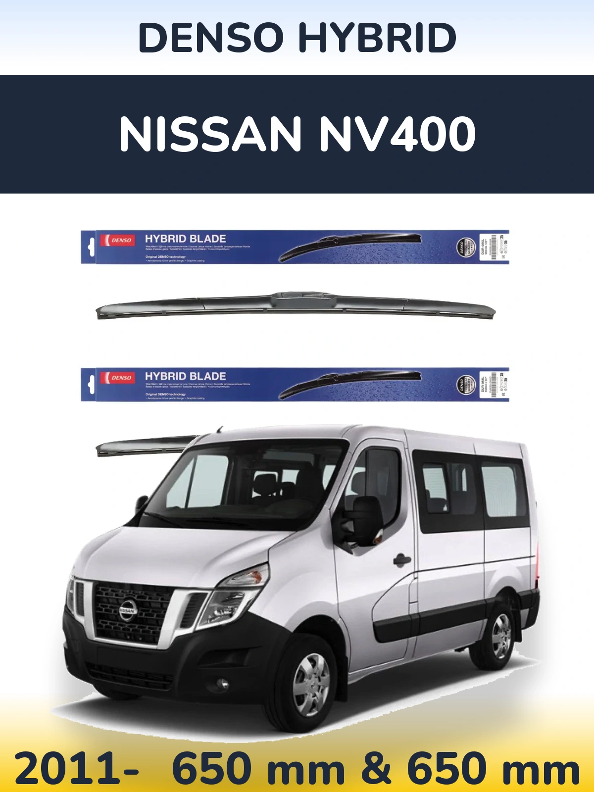Sada předních stěračů Denso Hybrid 650 a 650 mm pro Nissan NV400 2011-2026