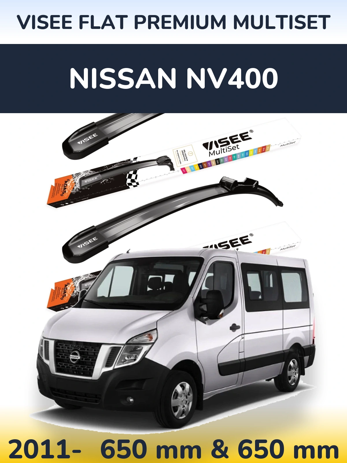 Комплект передніх щіток VISEE FLAT PREMIUM MultiSet 650 & 650 мм для Nissan NV400 2011-2026