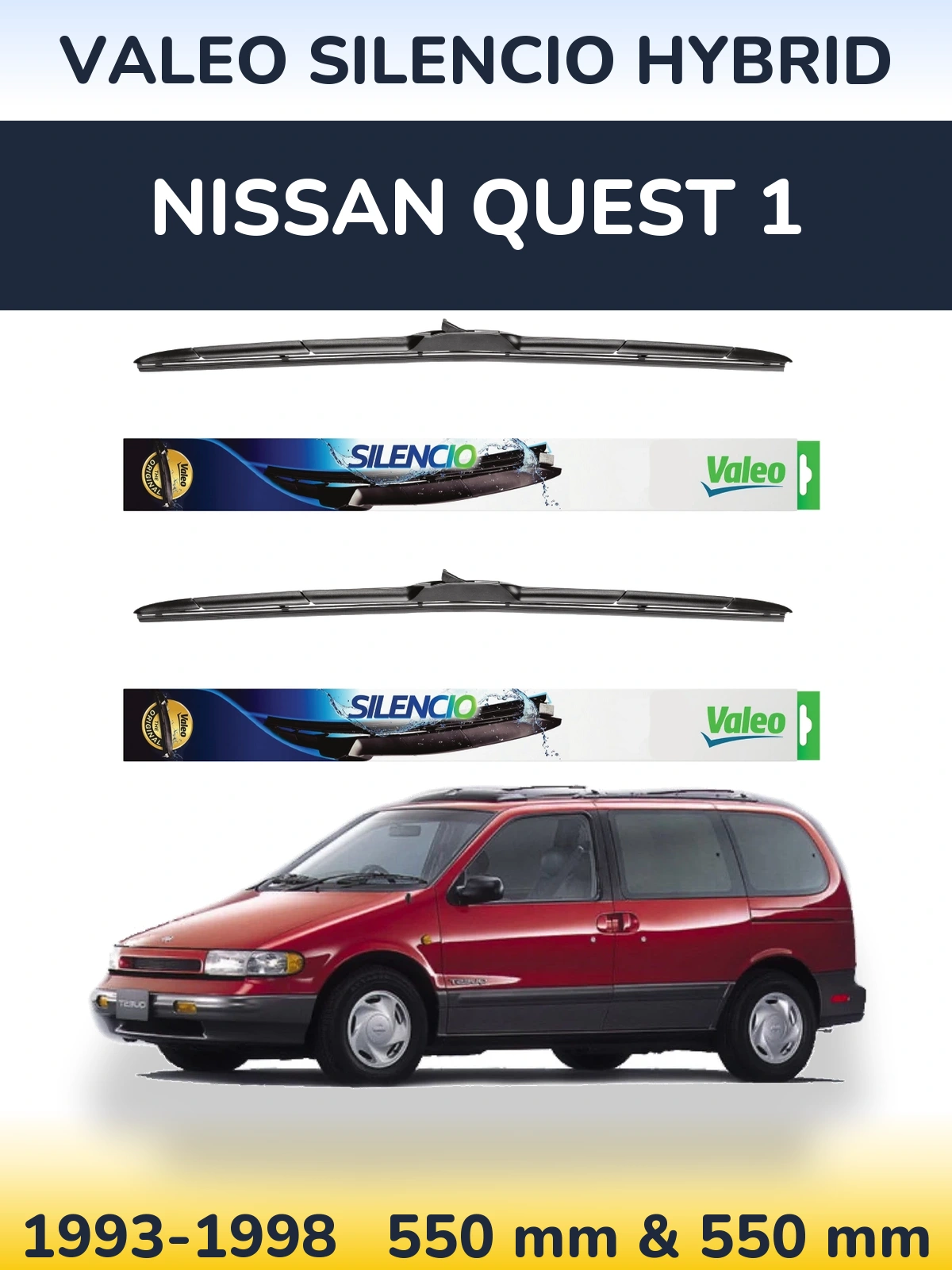 Sada předních stěračů Valeo Silencio Hybrid 550 a 550 mm pro Nissan Quest 1 1993-1998