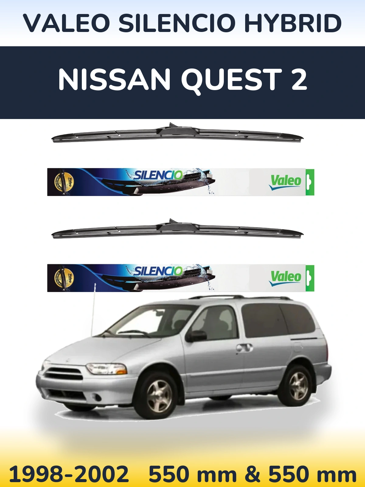 Sada předních stěračů Valeo Silencio Hybrid 550 a 550 mm pro Nissan Quest 2 1998-2002