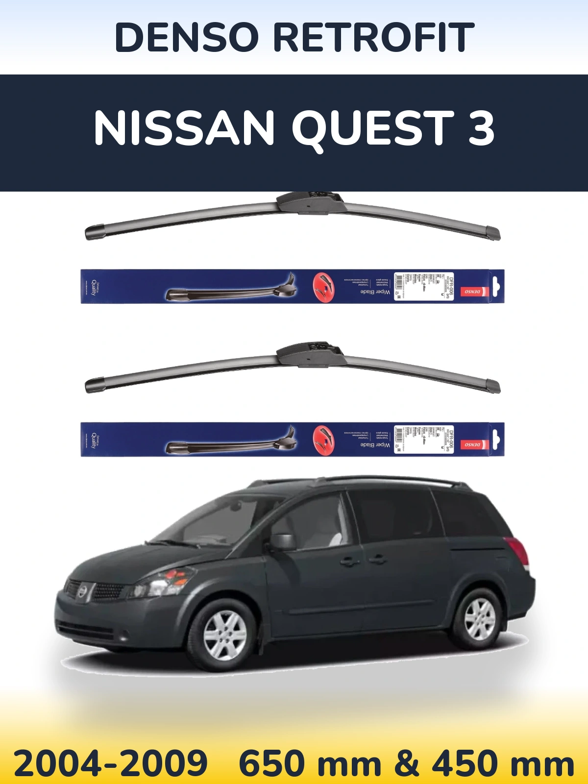 Sada předních stěračů Denso Retrofit 650 a 450 mm pro Nissan Quest 3 2004-2009