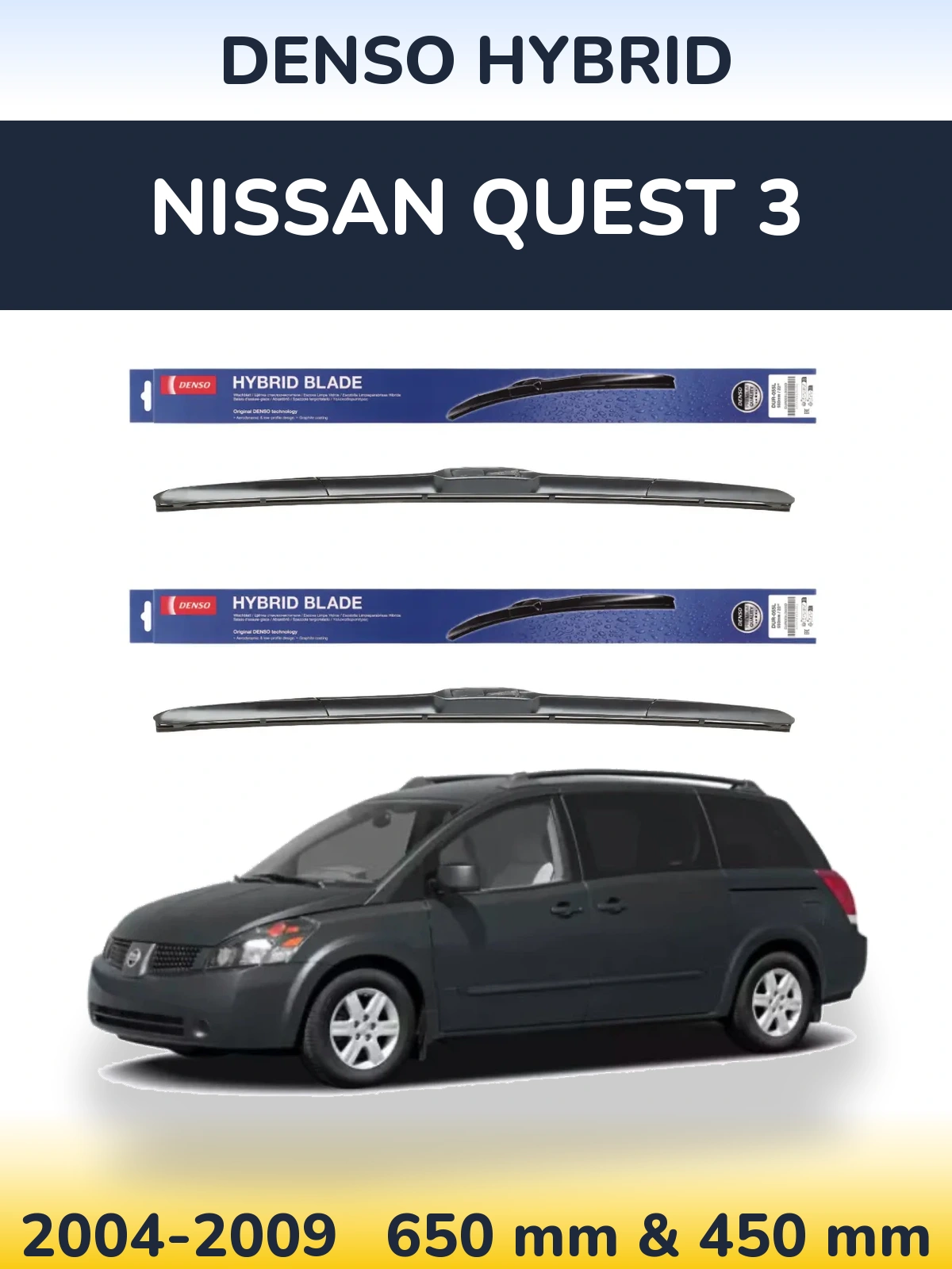 Sada předních stěračů Denso Hybrid 650 a 450 mm pro Nissan Quest 3 2004-2009