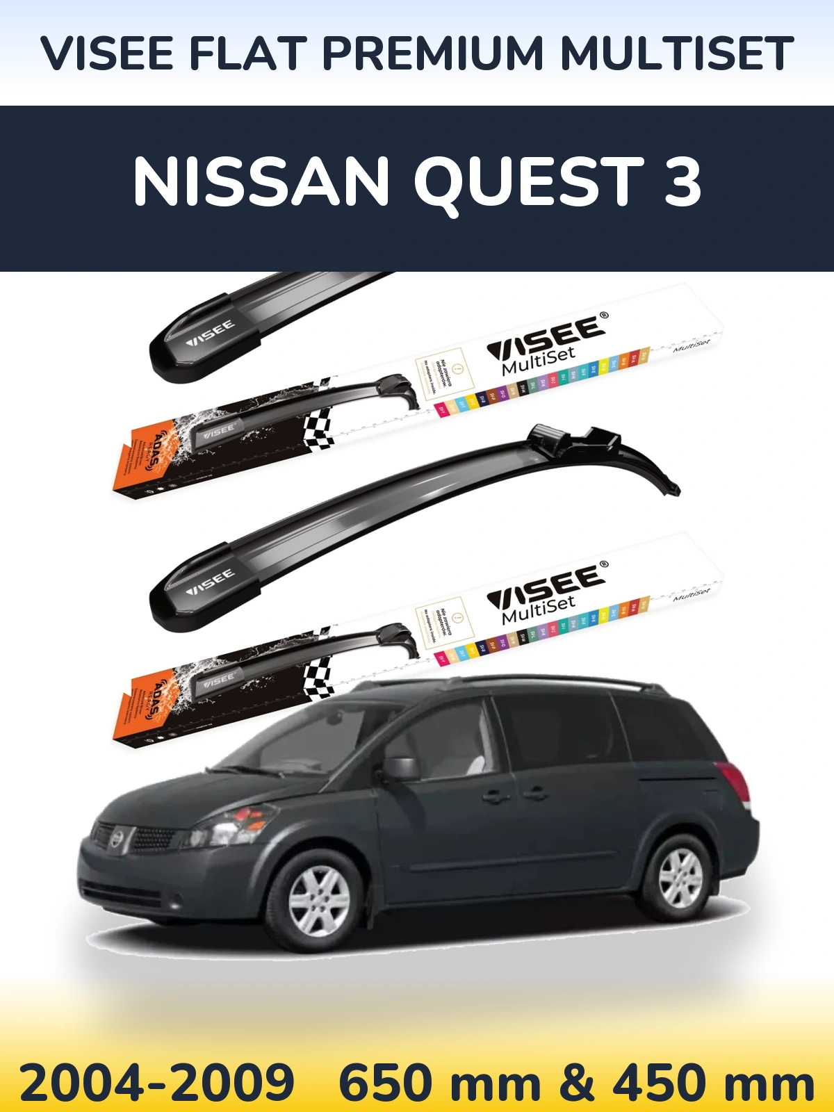 Sada předních stěračů VISEE FLAT PREMIUM MultiSet 650 a 450 mm pro Nissan Quest 3 2004-2009