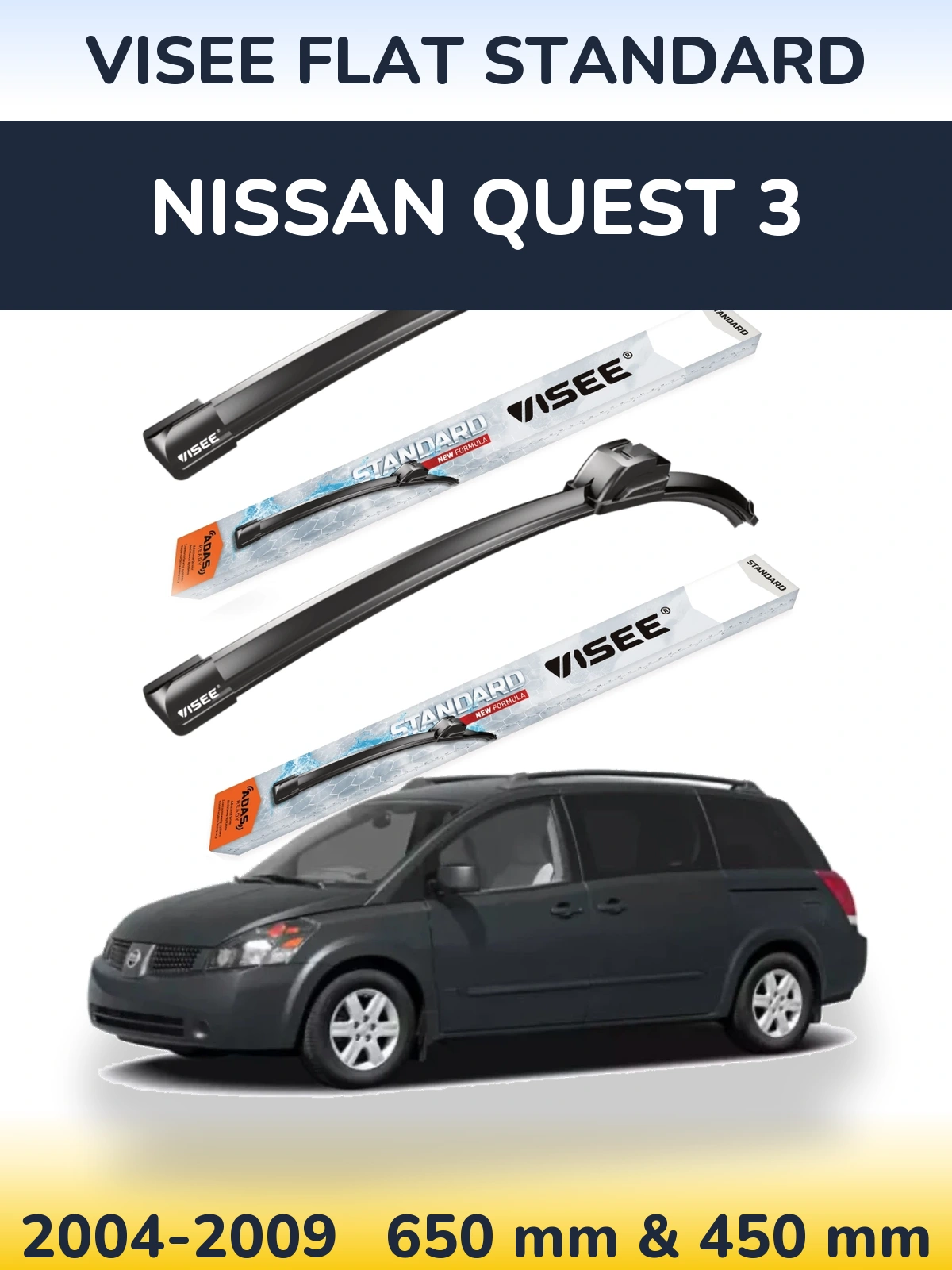 Sada předních stěračů VISEE FLAT STANDARD 650 a 450 mm pro Nissan Quest 3 2004-2009
