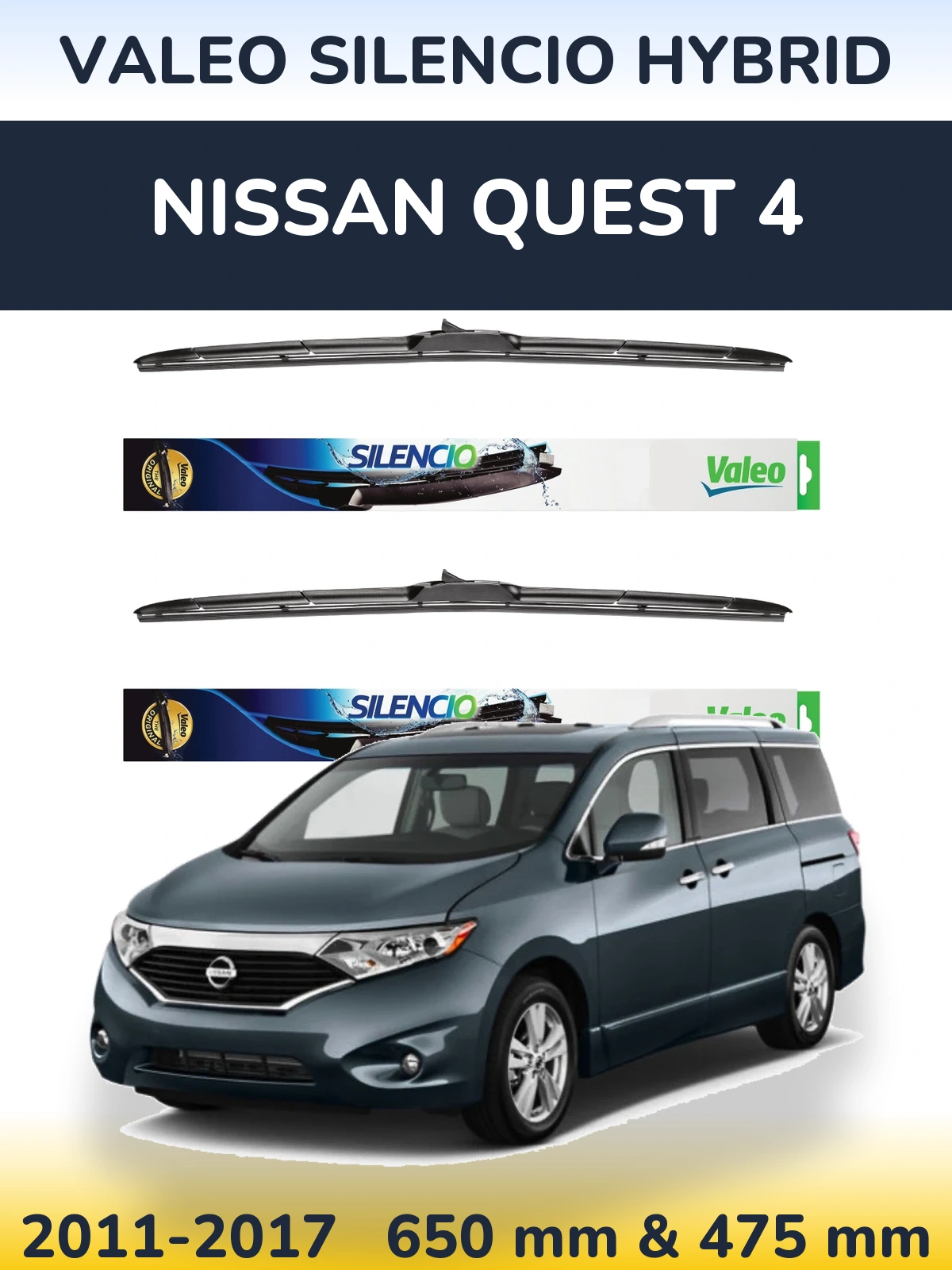 Sada předních stěračů Valeo Silencio Hybrid 650 a 475 mm pro Nissan Quest 4 2011-2017