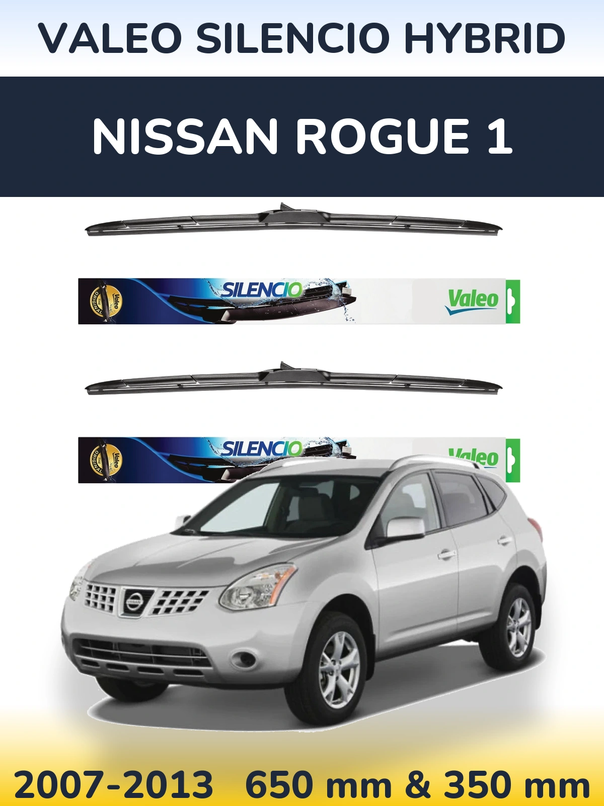 Sada předních stěračů Valeo Silencio Hybrid 650 a 350 mm pro Nissan Rogue 1 2007-2013