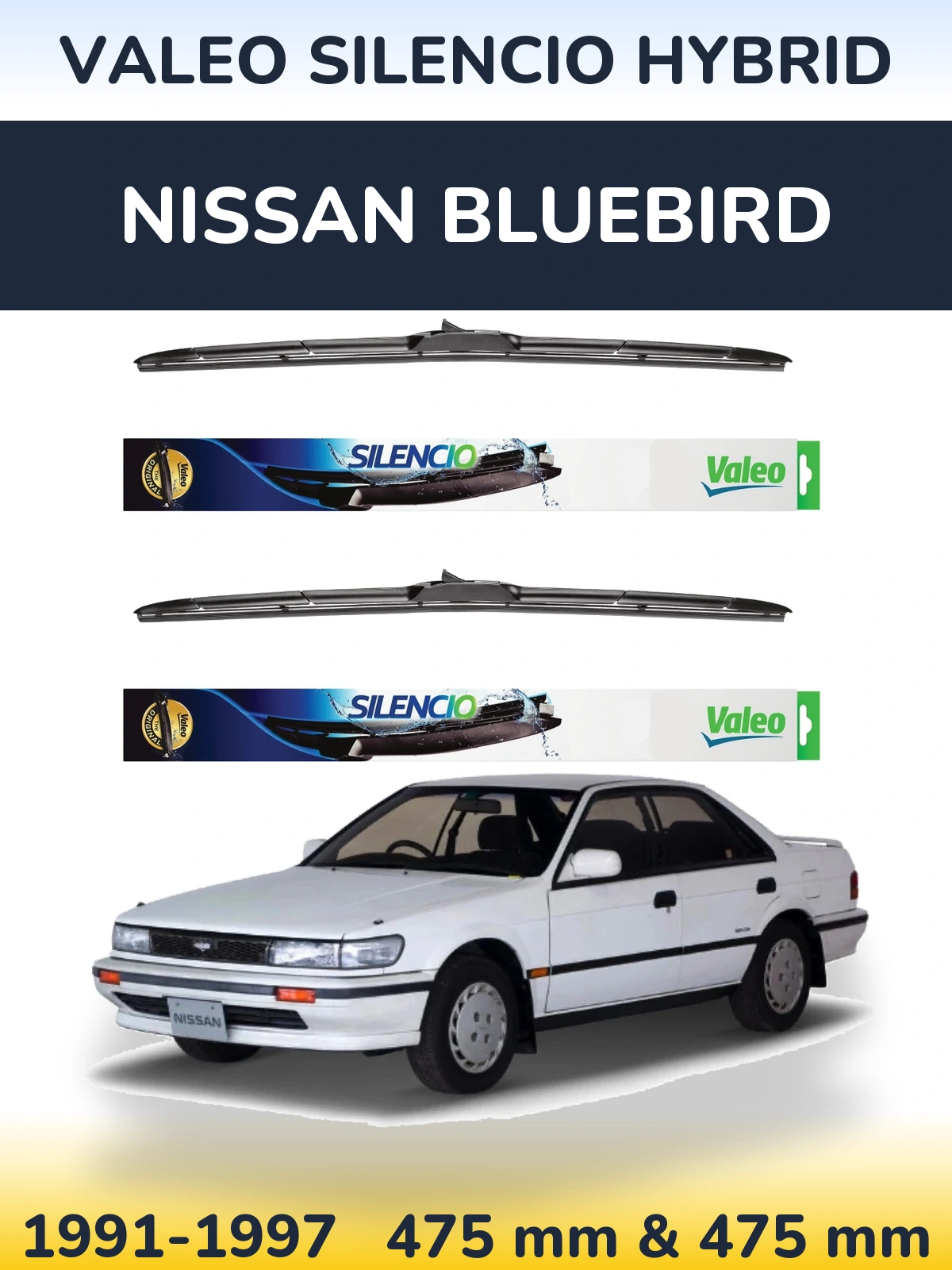 Sada předních stěračů Valeo Silencio Hybrid 475 a 475 mm pro Nissan Bluebird 1991-1997