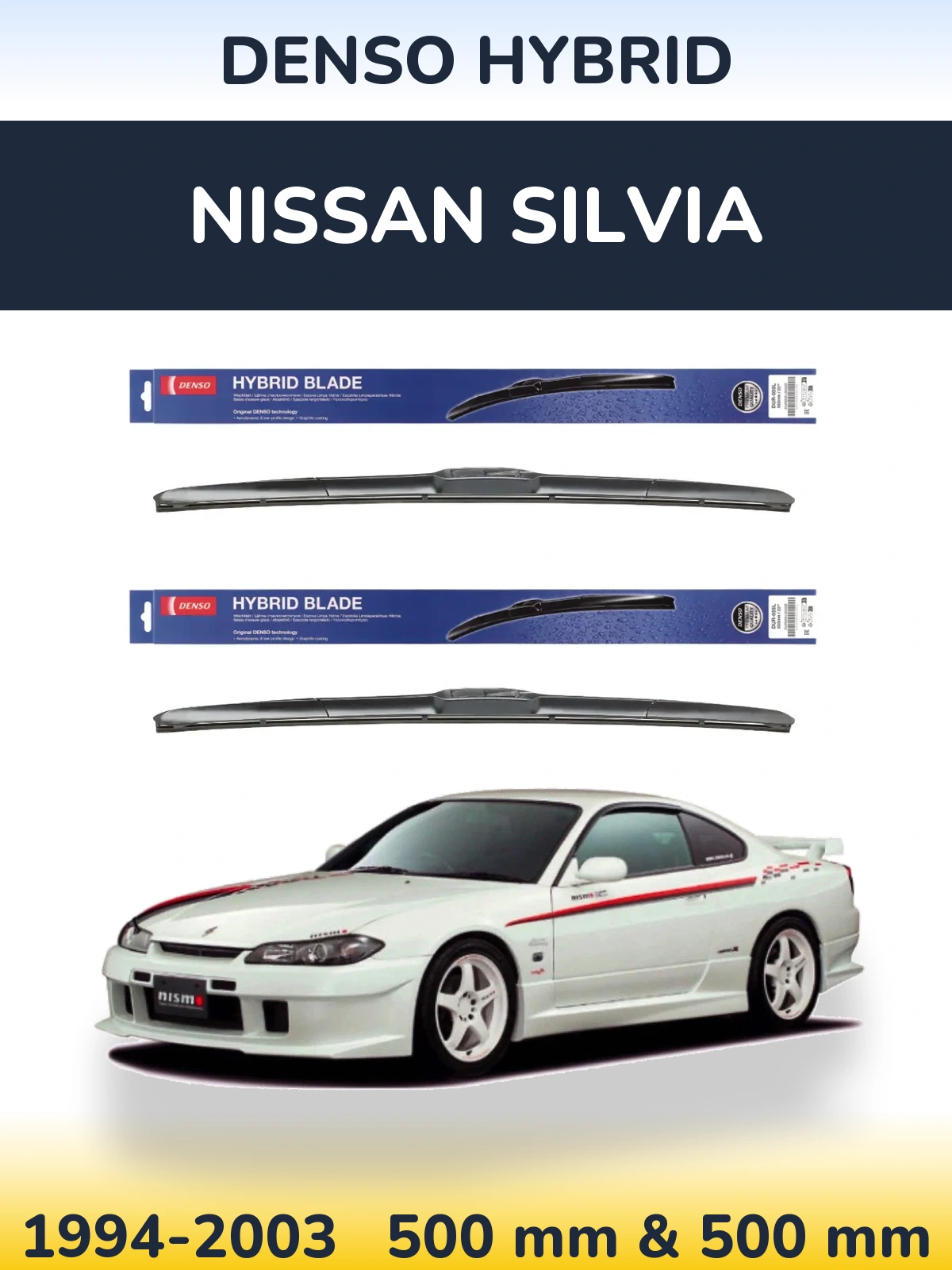 Sada předních stěračů Denso Hybrid 500 a 500 mm pro Nissan Silvia 1994-2003