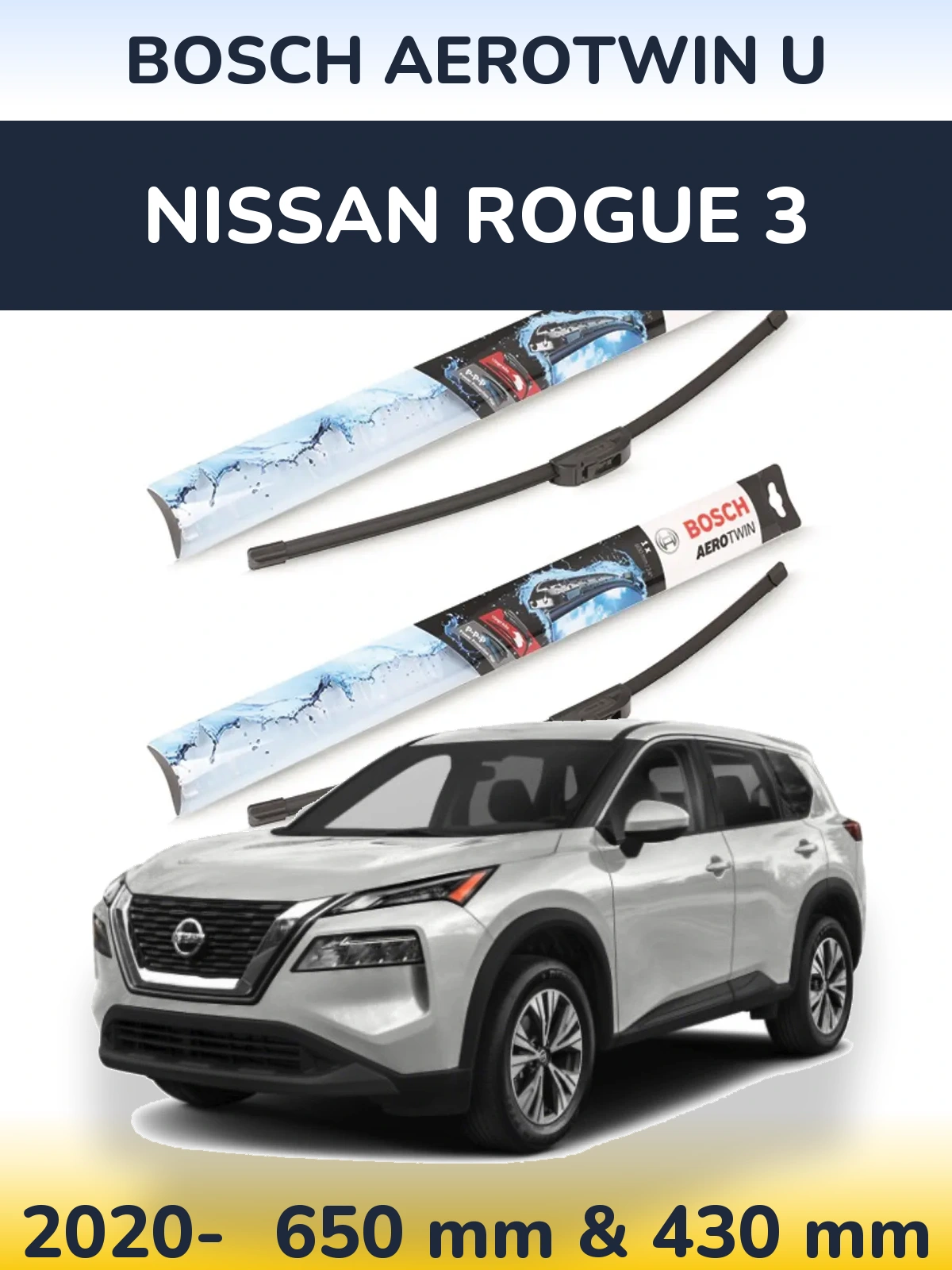 Sada předních stěračů BOSCH AeroTwin U 650 a 430 mm pro Nissan Rogue 3 2020-2026