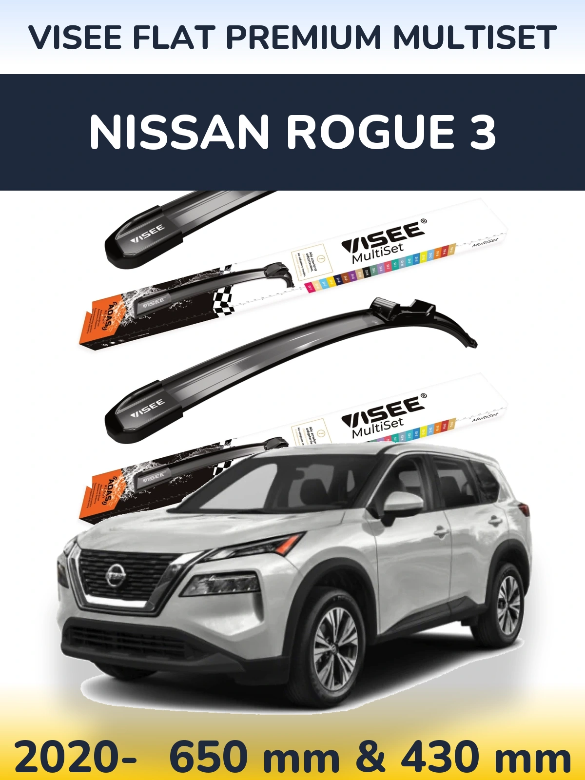 Sada předních stěračů VISEE FLAT PREMIUM MultiSet 650 a 430 mm pro Nissan Rogue 3 2020-2026