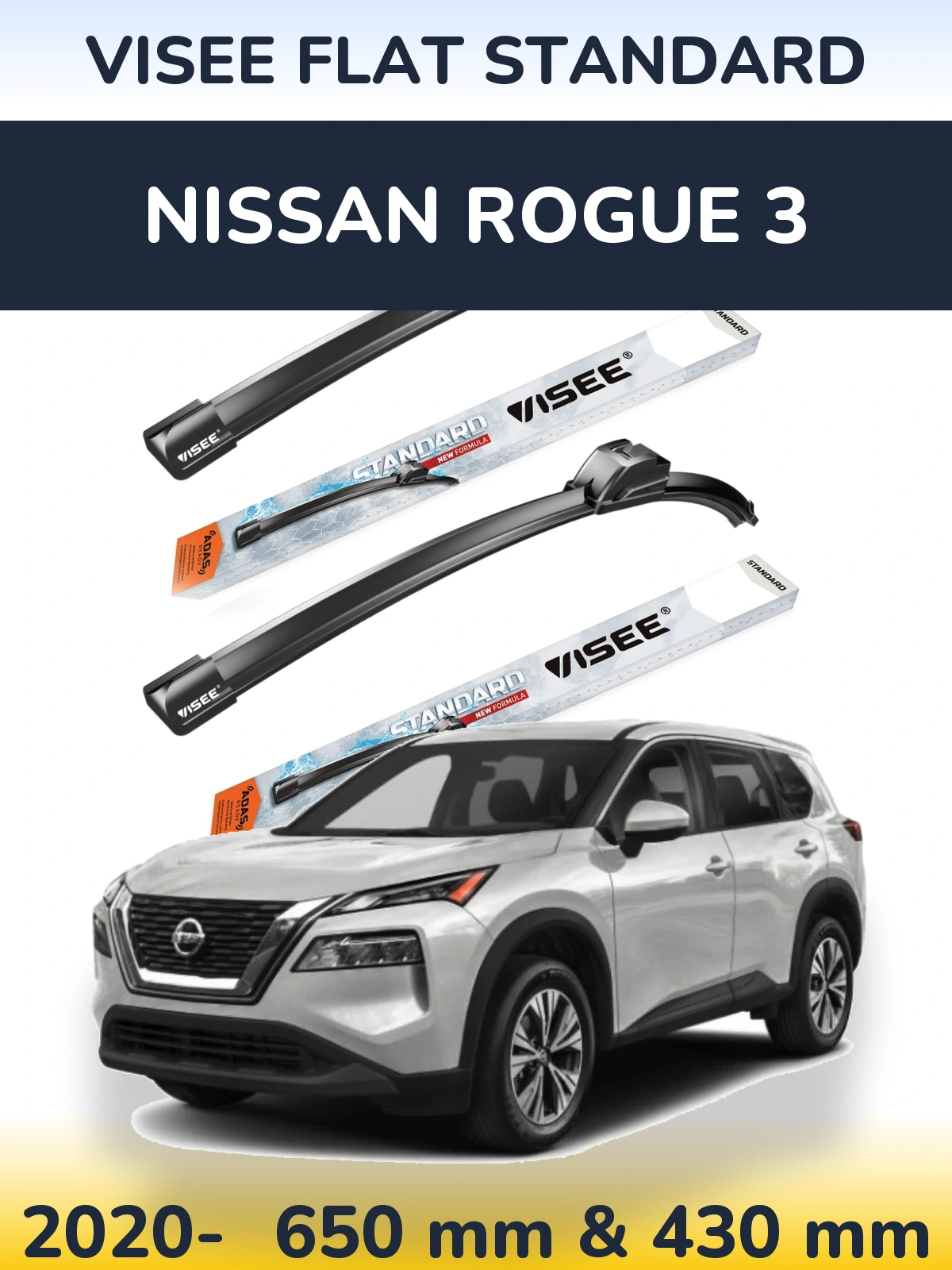 Sada předních stěračů VISEE FLAT STANDARD 650 a 430 mm pro Nissan Rogue 3 2020-2026
