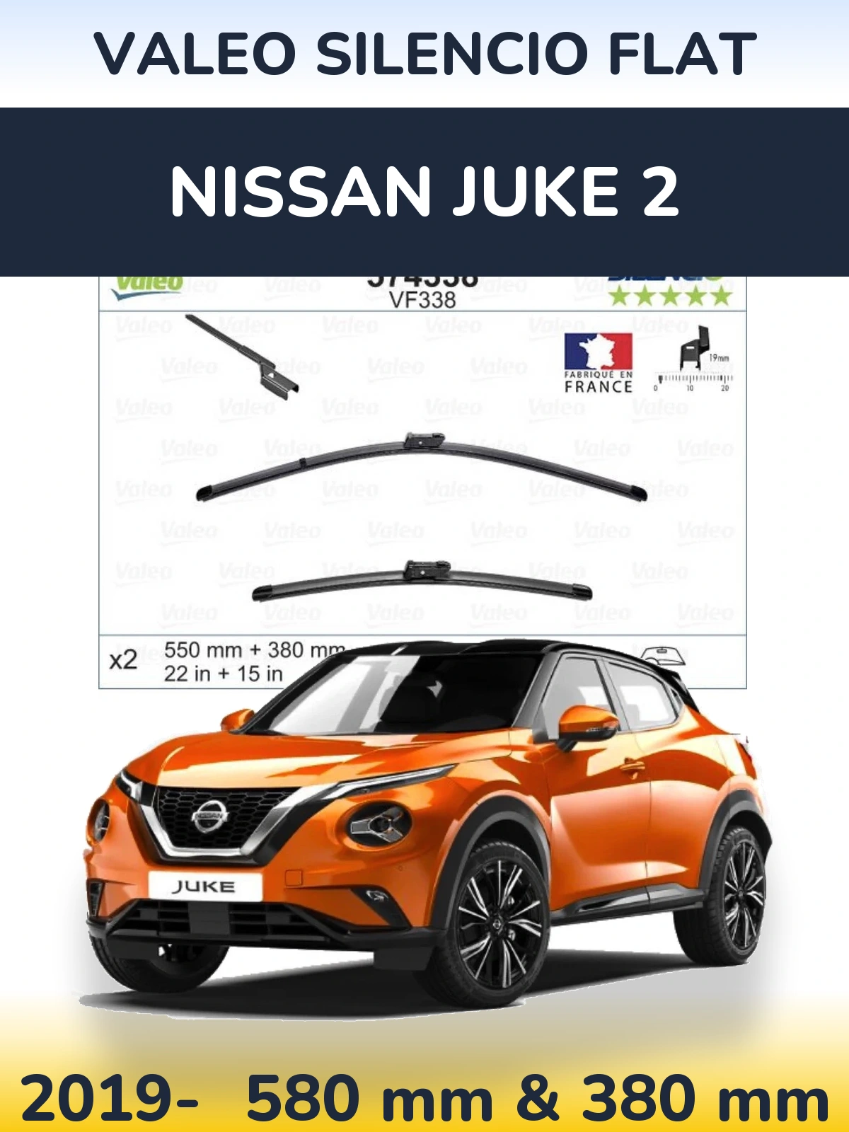 Sada předních stěračů Valeo Silencio Flat 550 a 380 mm pro Nissan Juke 2 2019-2026