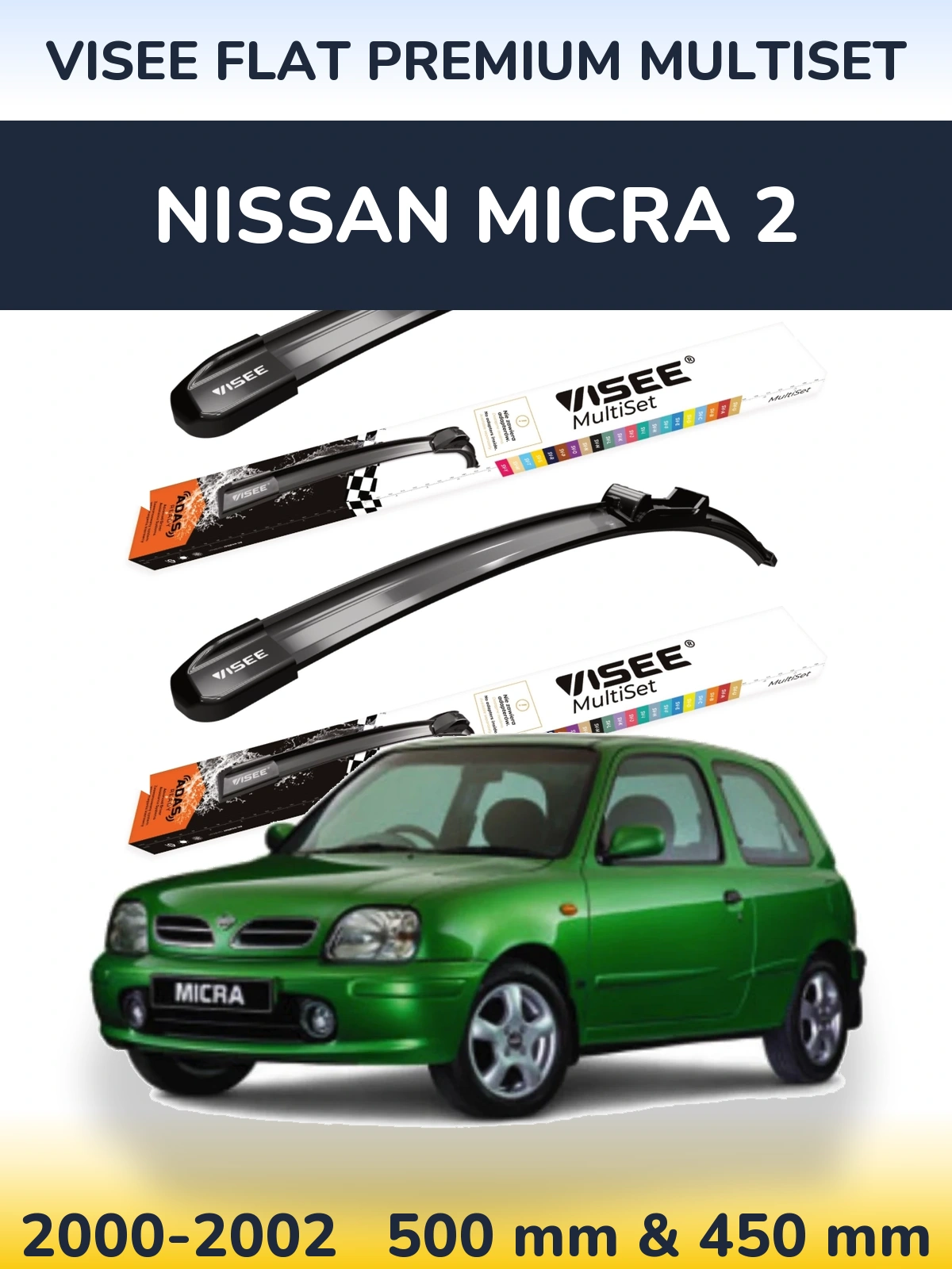 Комплект передніх щіток VISEE FLAT PREMIUM MultiSet 500 & 450 мм для Nissan Micra 2 2000-2002