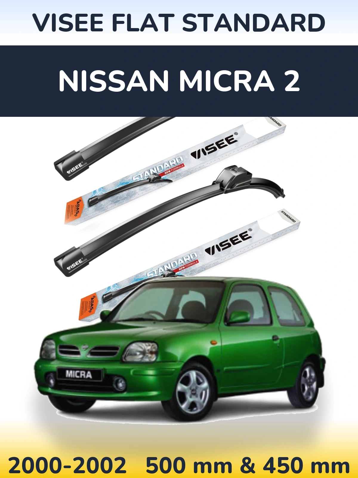 Sada předních stěračů VISEE FLAT STANDARD 500 a 450 mm pro Nissan Micra 2 2000-2002