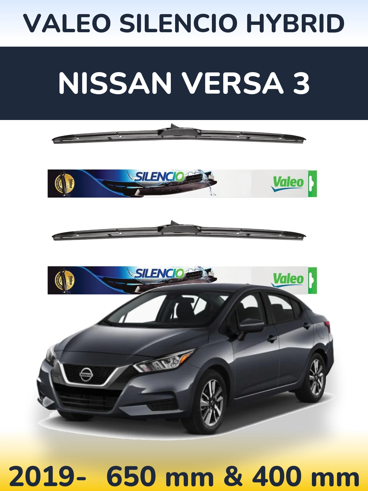 Sada předních stěračů Valeo Silencio Hybrid 650 a 400 mm pro Nissan Versa 3 2019-2026